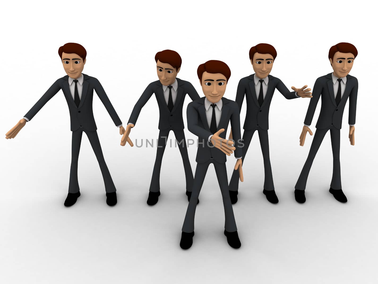 3d group of men walking with leader in front concept on white background, front angle view