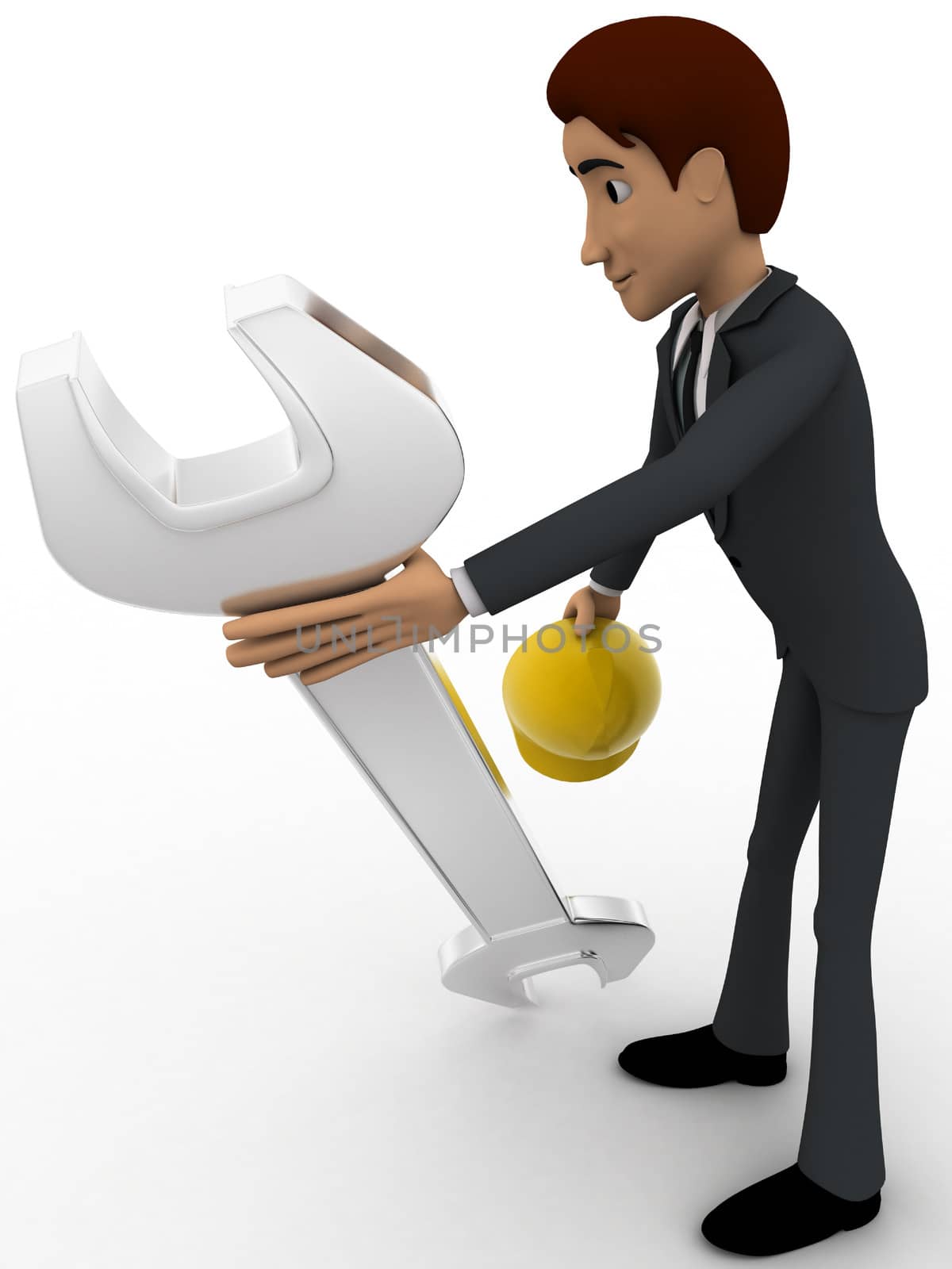 3d man mechanical engineer with hat and wrench concept on white background, side angle view