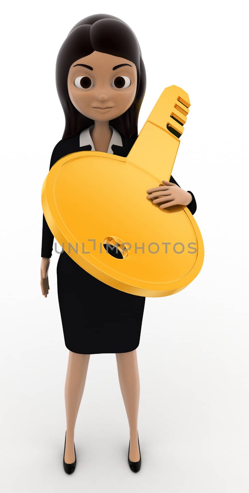 3d woman carry big golden key on shoulder concept on white bakcground, front angle view