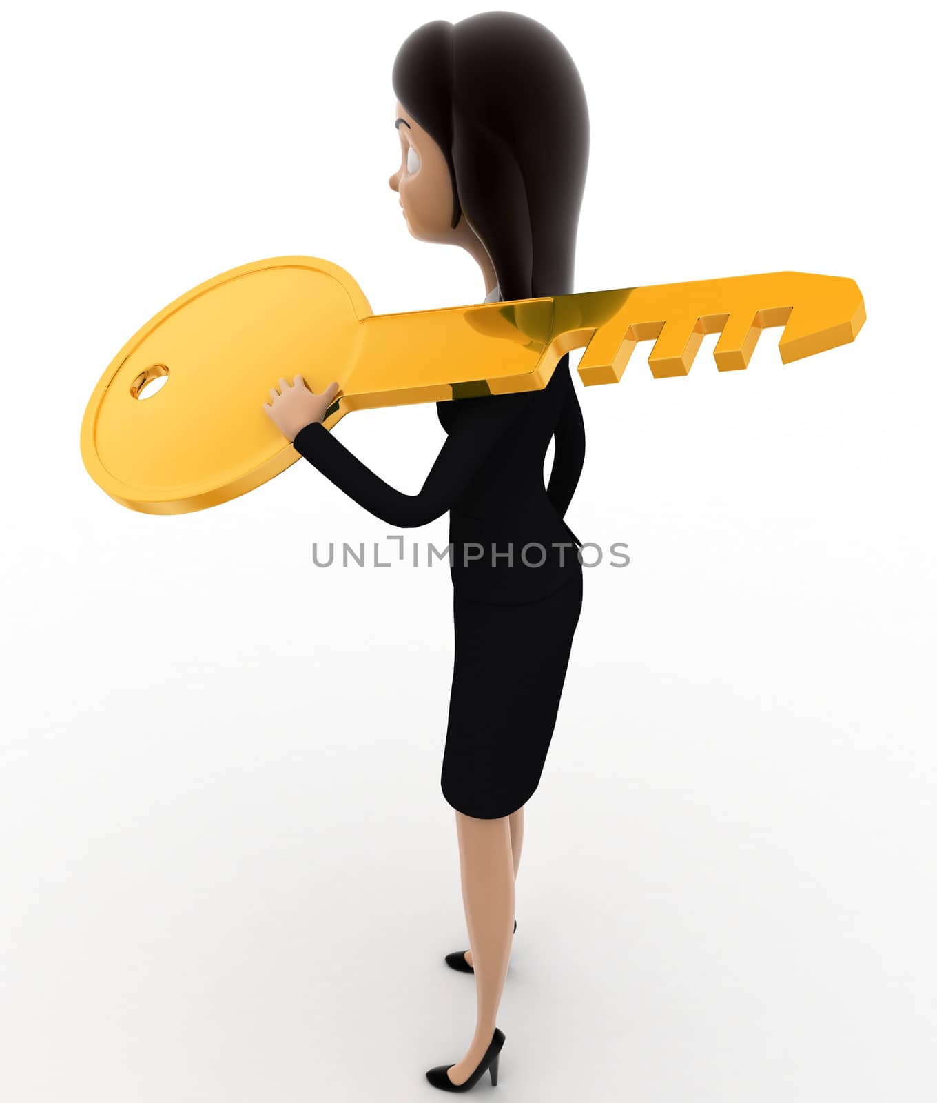 3d woman carry big golden key on shoulder concept on white bakcground, side angle view