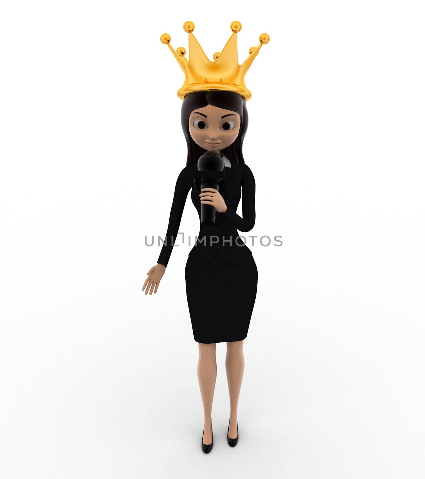 3d woman miss competition winner with crown speak in mic concept on white background, front angle view