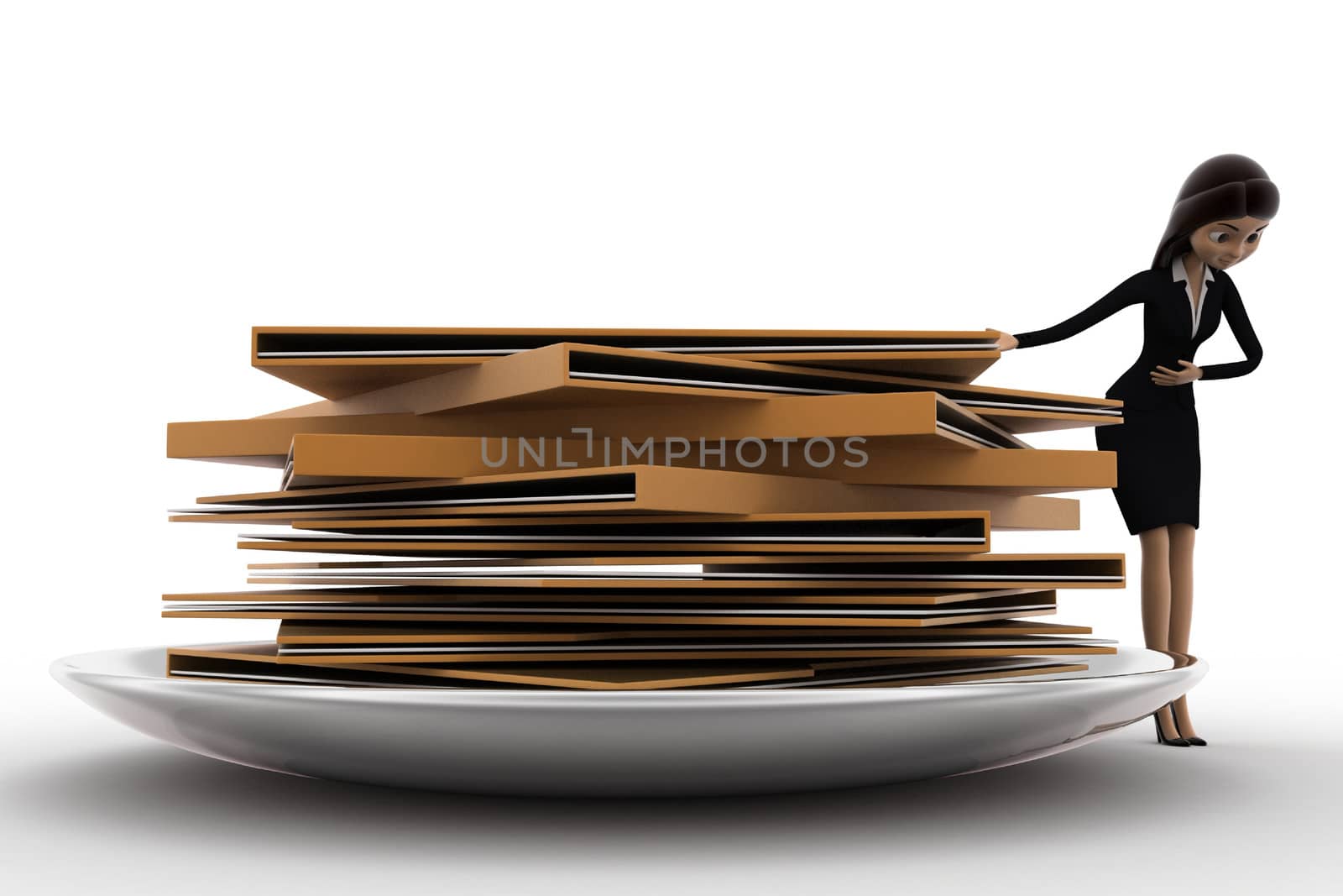 3d woman present file folders in dish concept on white bakcground, front  angle view