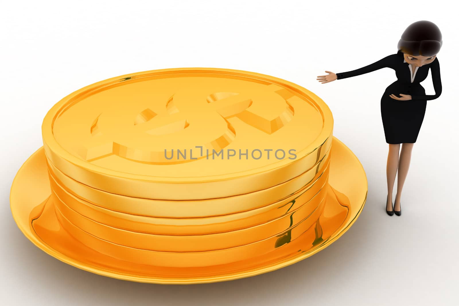 3d woman present golden coin in golden dish concept on white bakcground, top angle view