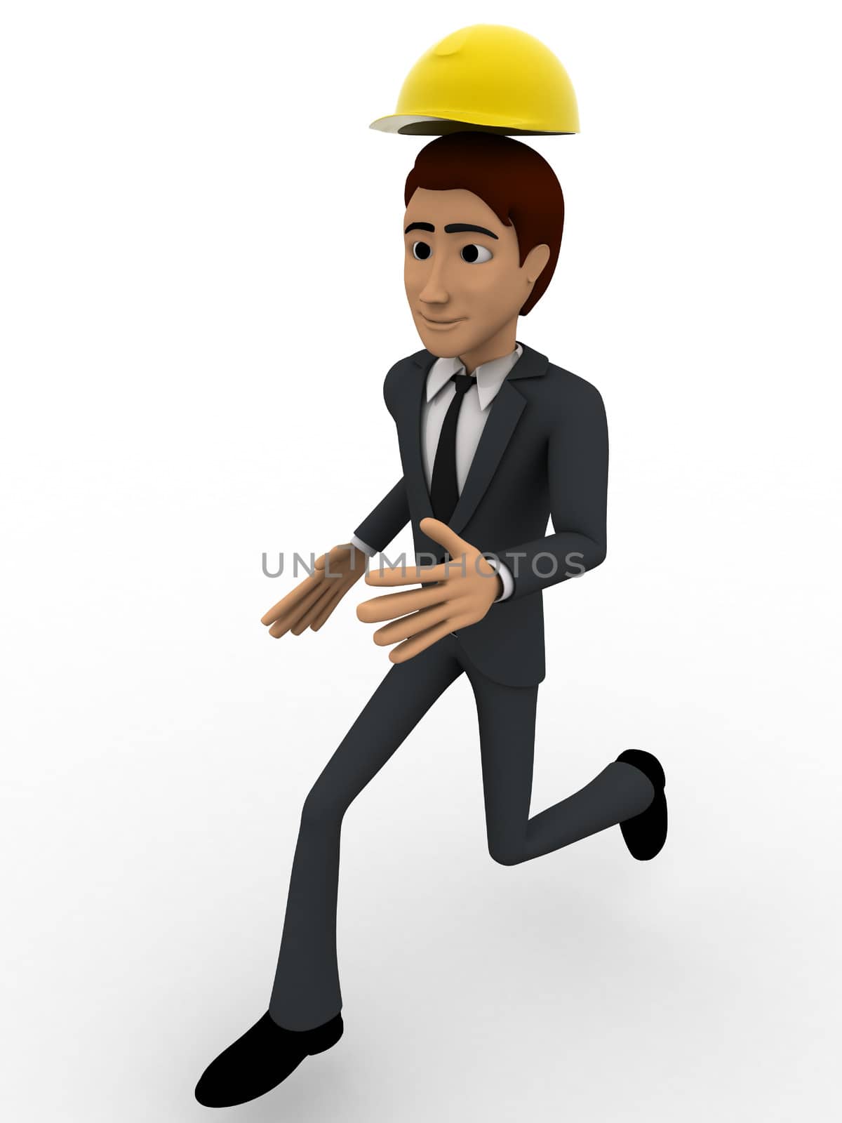 3d man construction engineer running concept on white background, front angle view