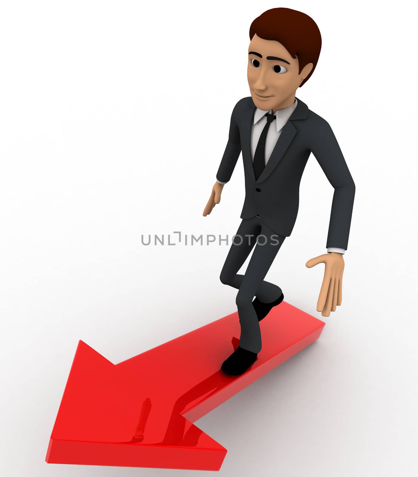 3d man walking on red arrow concept on white background,  front  angle view