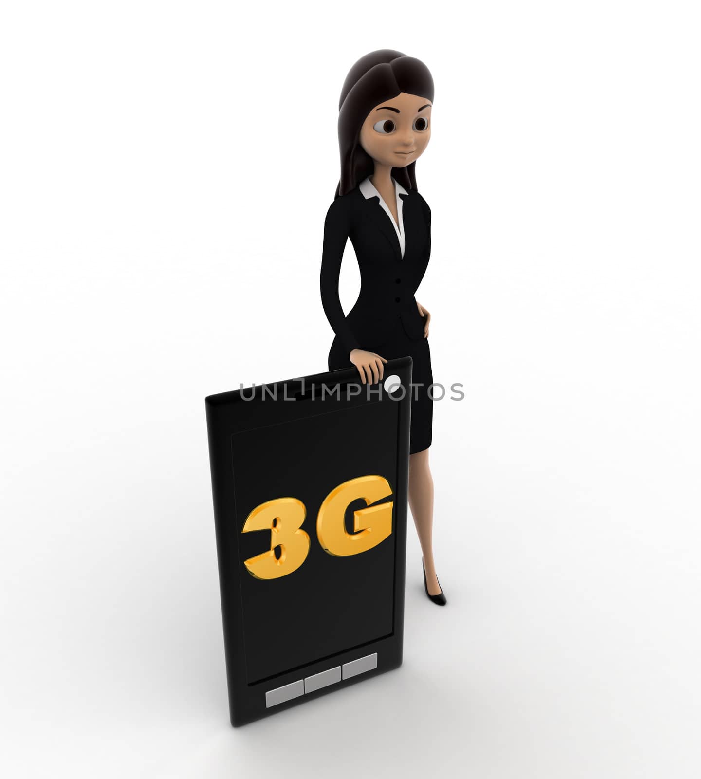 3d woman with 3g enbaled smartphone concept on white bakcground, top angle view