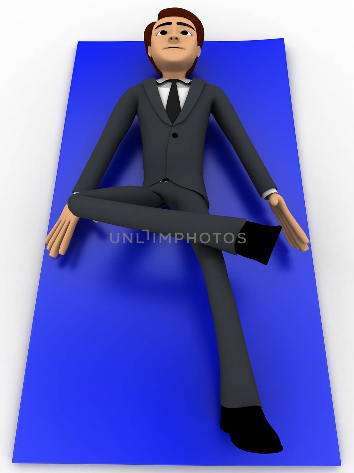 3d man doing yoga on blue carpet concept on white background, front angle view