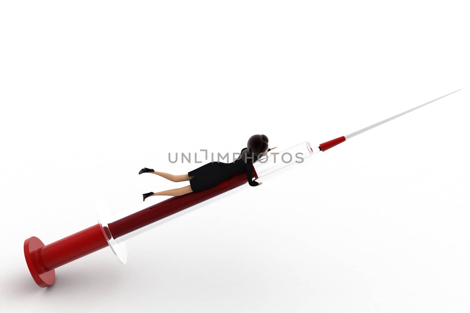 3d woman riding injection concept on white background, right side angle view
