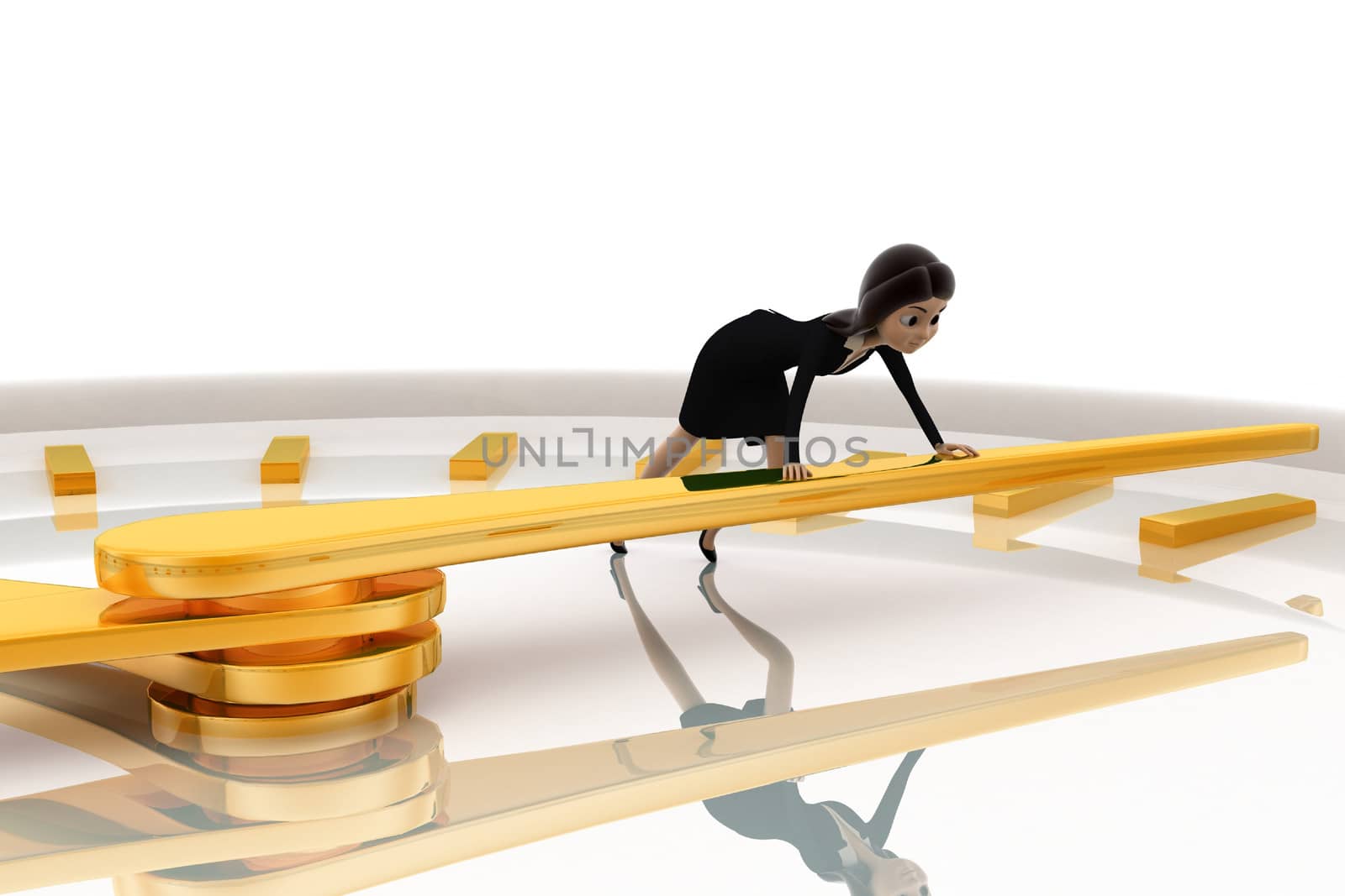 3d woman pushing lever of clock concept on white background, side  angle view