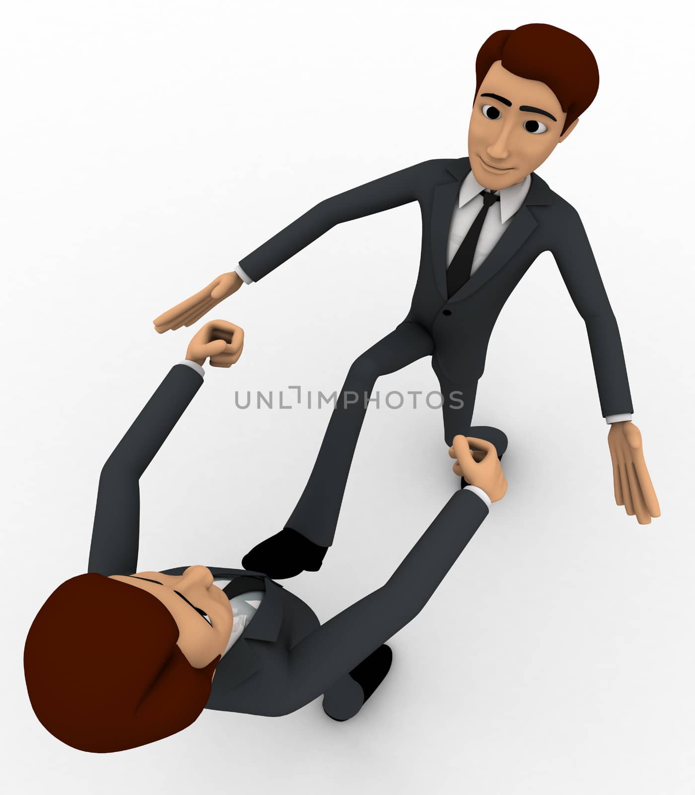 3d one man is kicking another man concept on white background, top angle view
