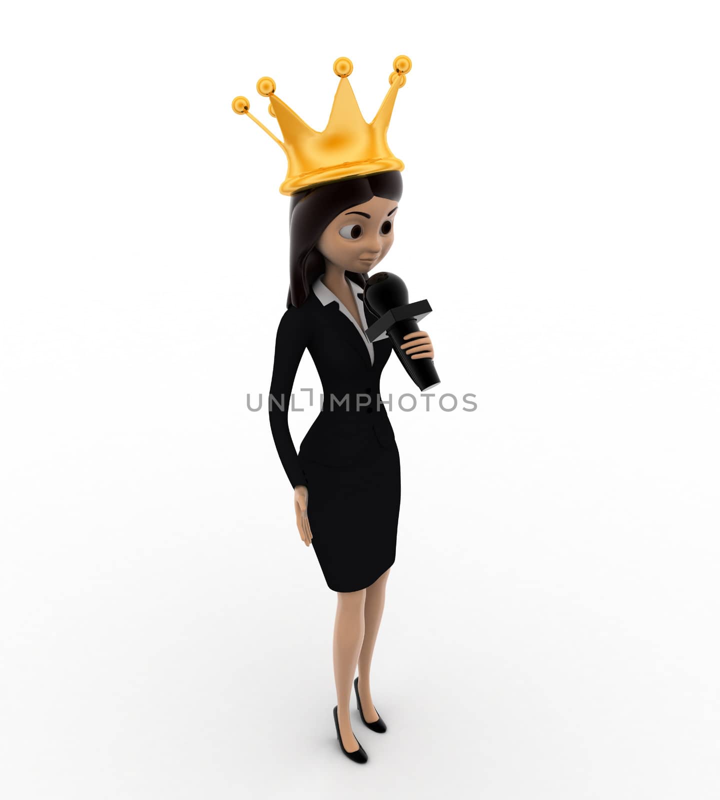 3d woman miss competition winner with crown speak in mic concept on white background, side  angle view
