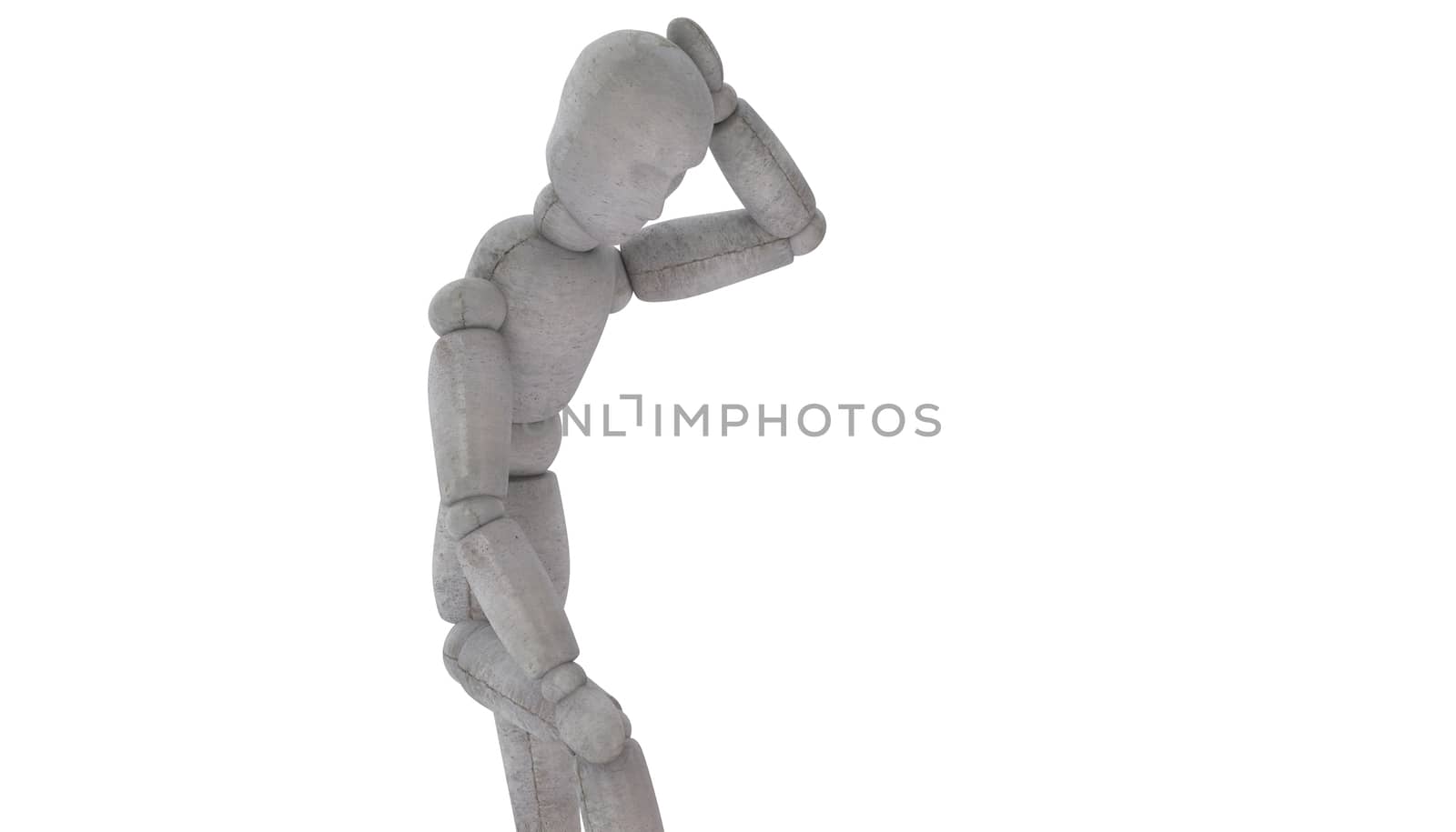 3d puppet model He stands and looks down at his feet, his left hand resting thoughtfully on his head and does not know how to meet the challenge