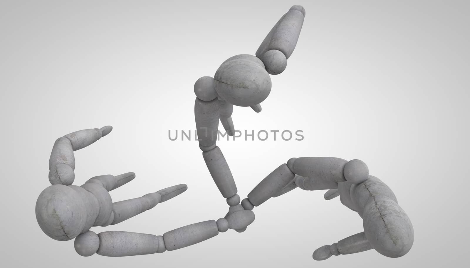 3d puppet model with stone texture stand and shake hands on a white and gray background