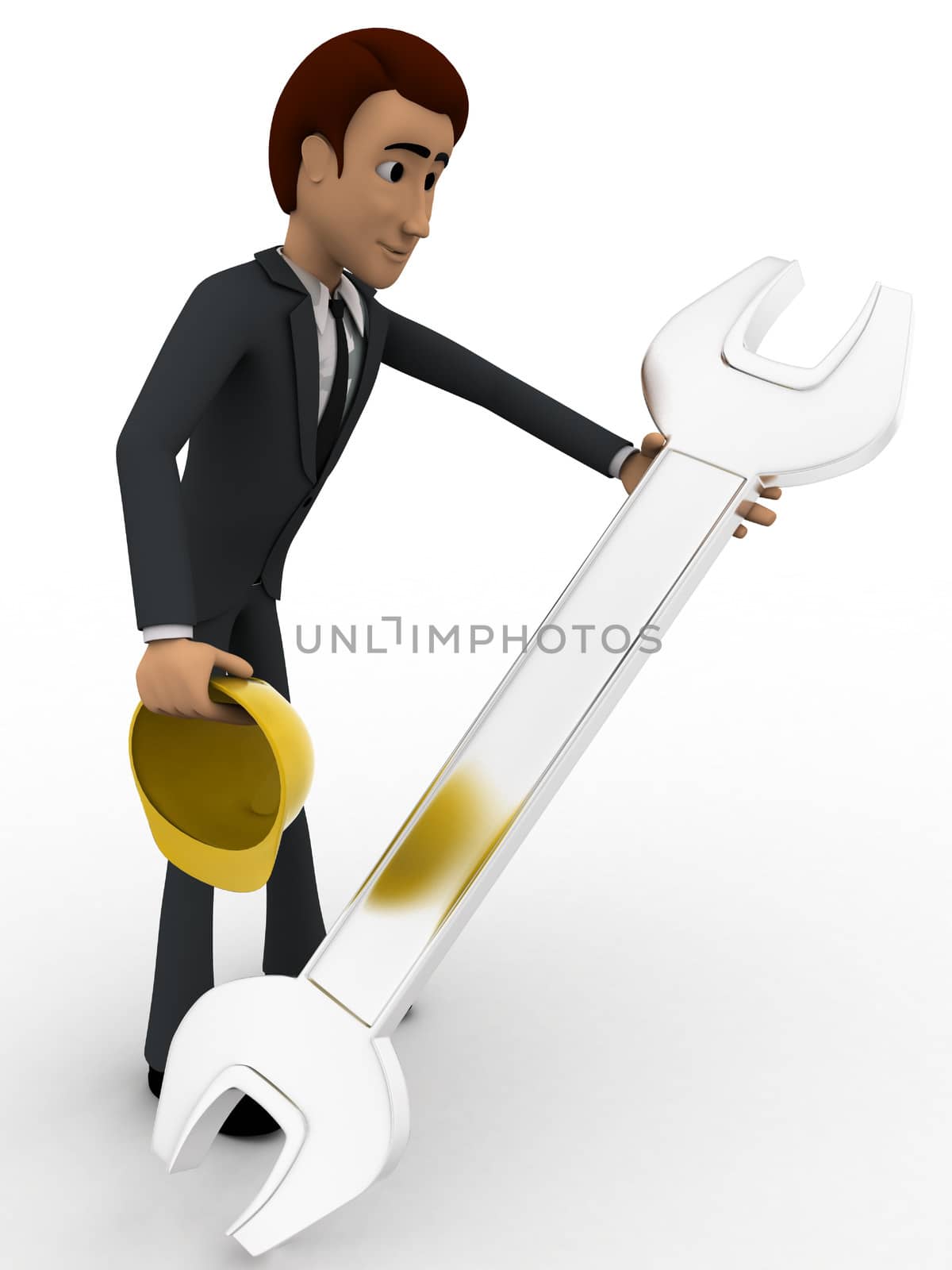 3d man mechanical engineer with hat and wrench concept on white background,  side angle view