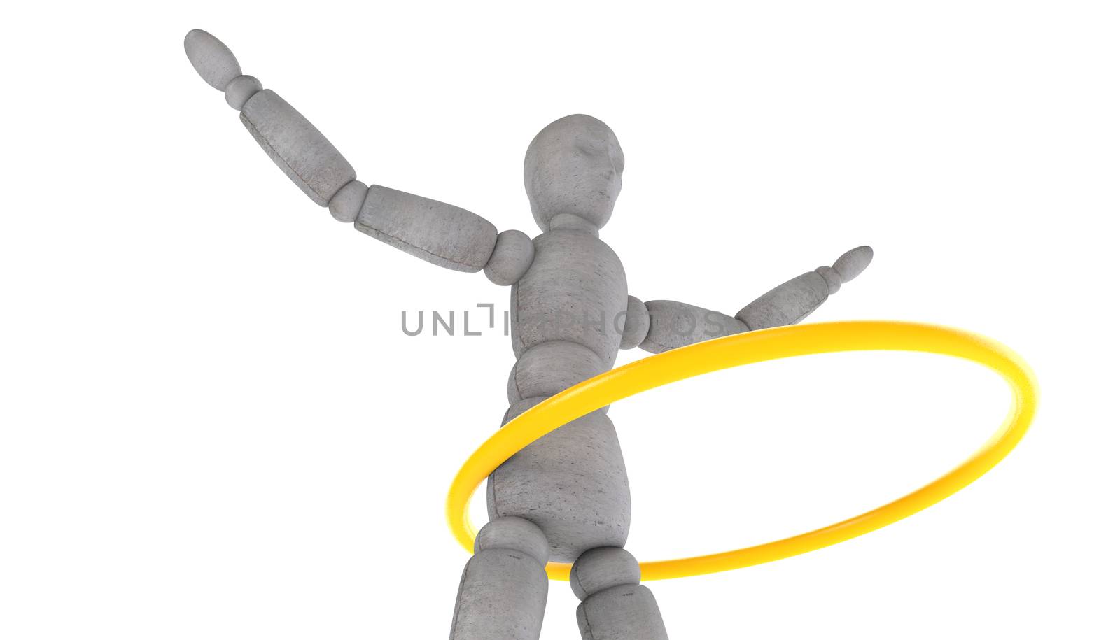 3d puppet model standing feet shoulder width apart, arms spread wide and turns yellow hoop with different camera angles and different focal lengths