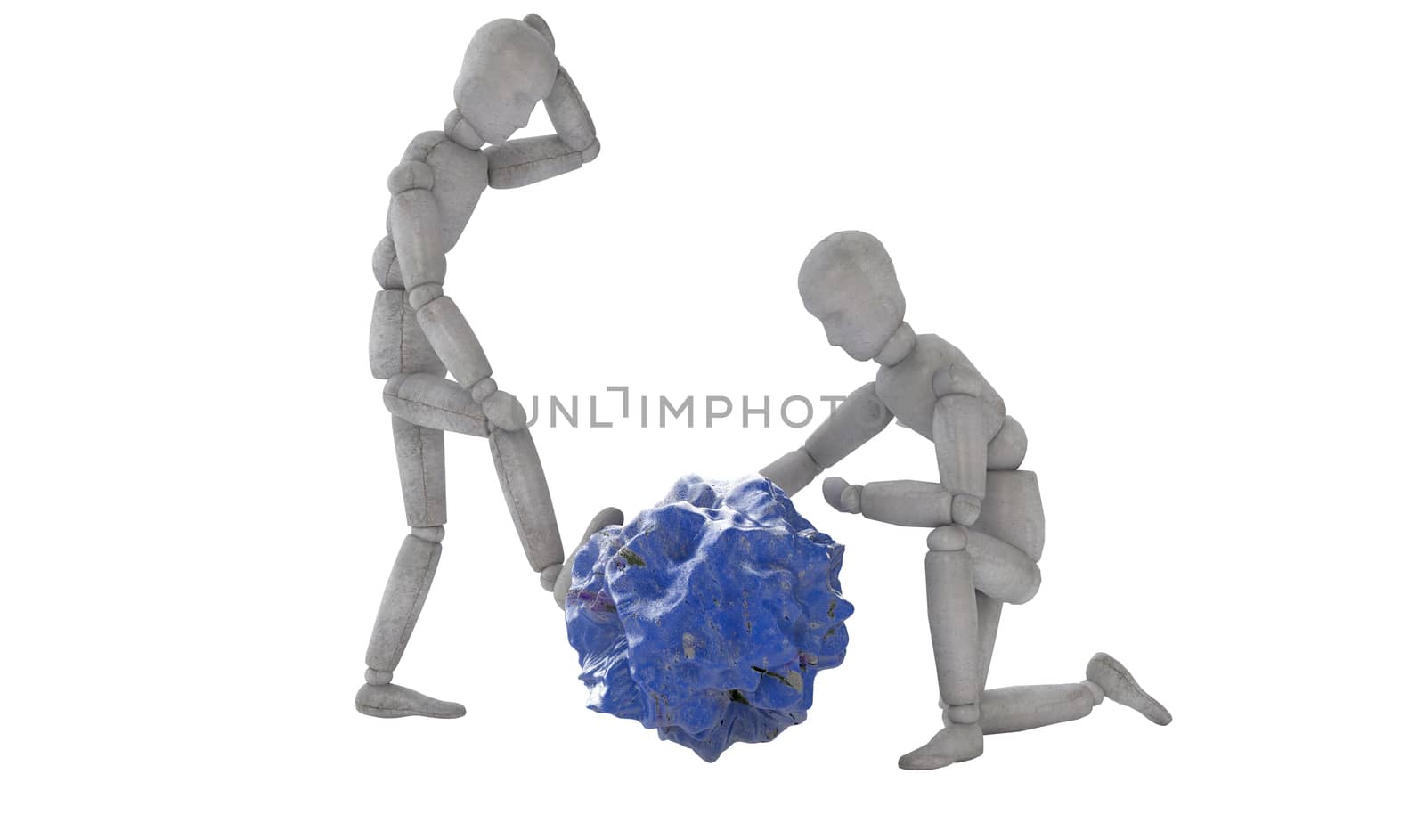 3d doll puppet model Two figures of experienced experts consider blue stone, like a piece of alien species. One of them was holding his head and puts his foot on the rock. The other sat down on one knee and touching discovery