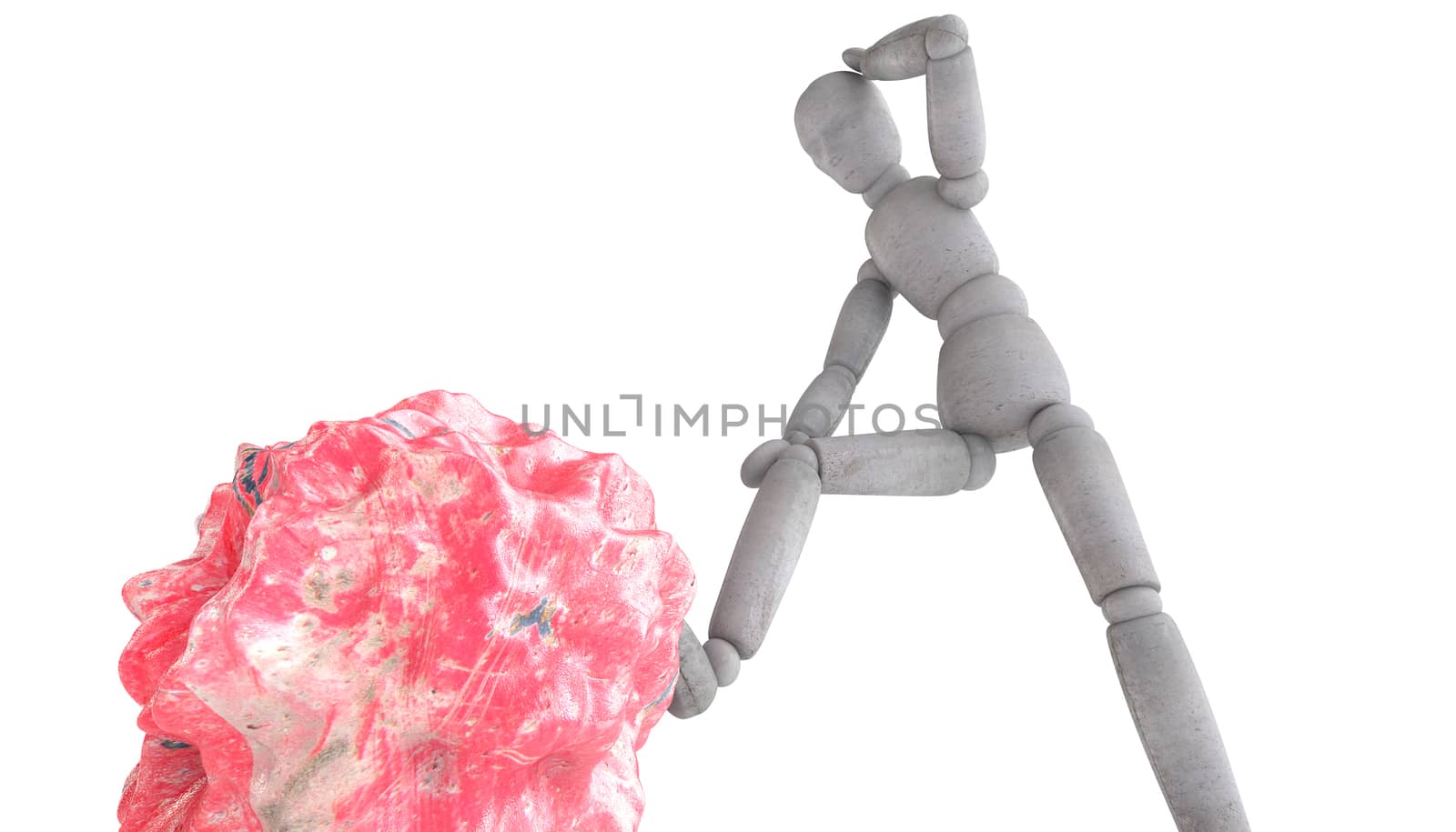 3d puppet model in thoughtful pose, putting his foot on the red stone, like a meteorite. body slightly tilted forward, his left hand behind his head from different angles, the dynamics of composition