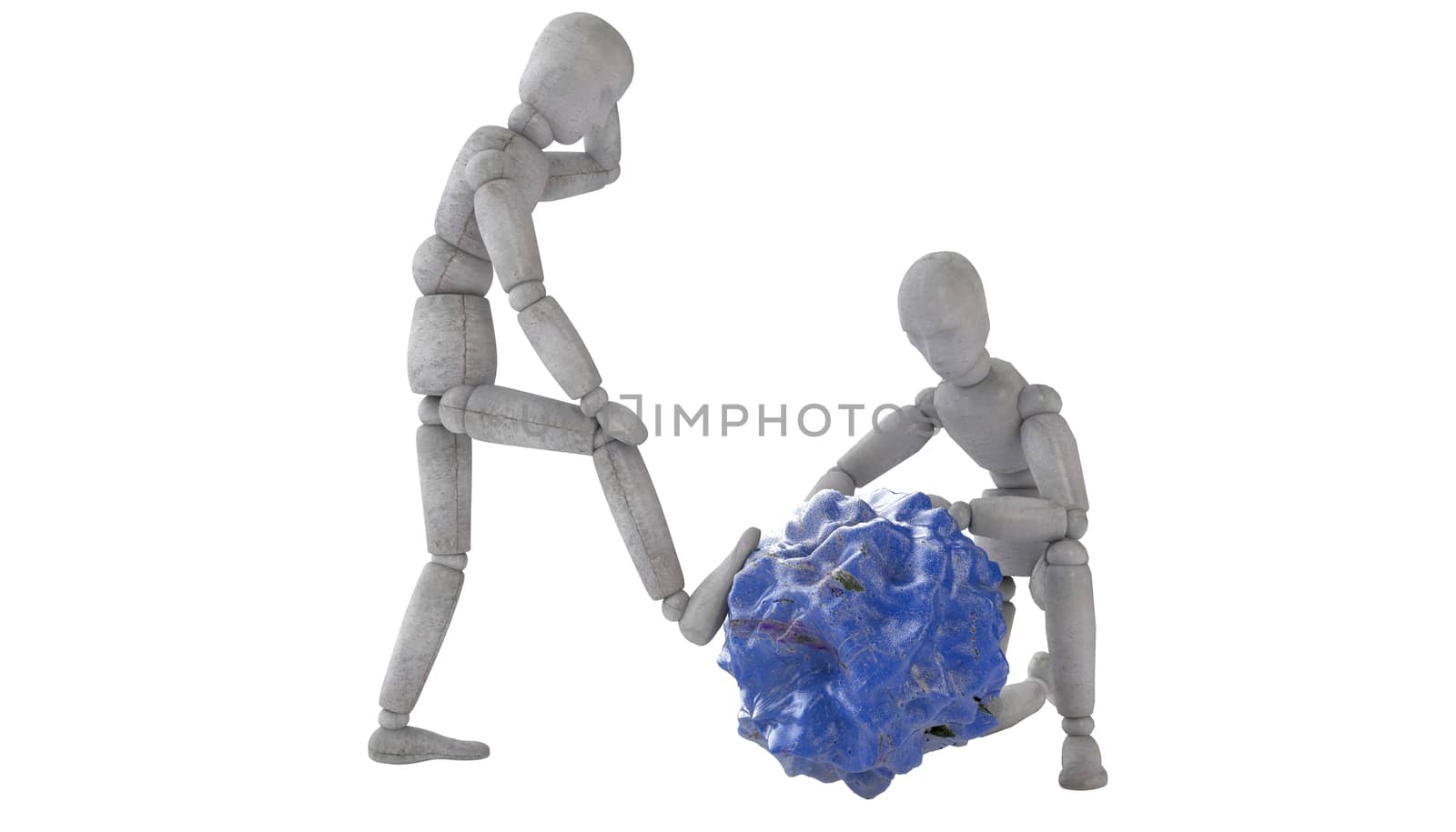 3d doll puppet model Two figures of experienced experts consider blue stone, like a piece of alien species. One of them was holding his head and puts his foot on the rock. The other sat down on one knee and touching discovery
