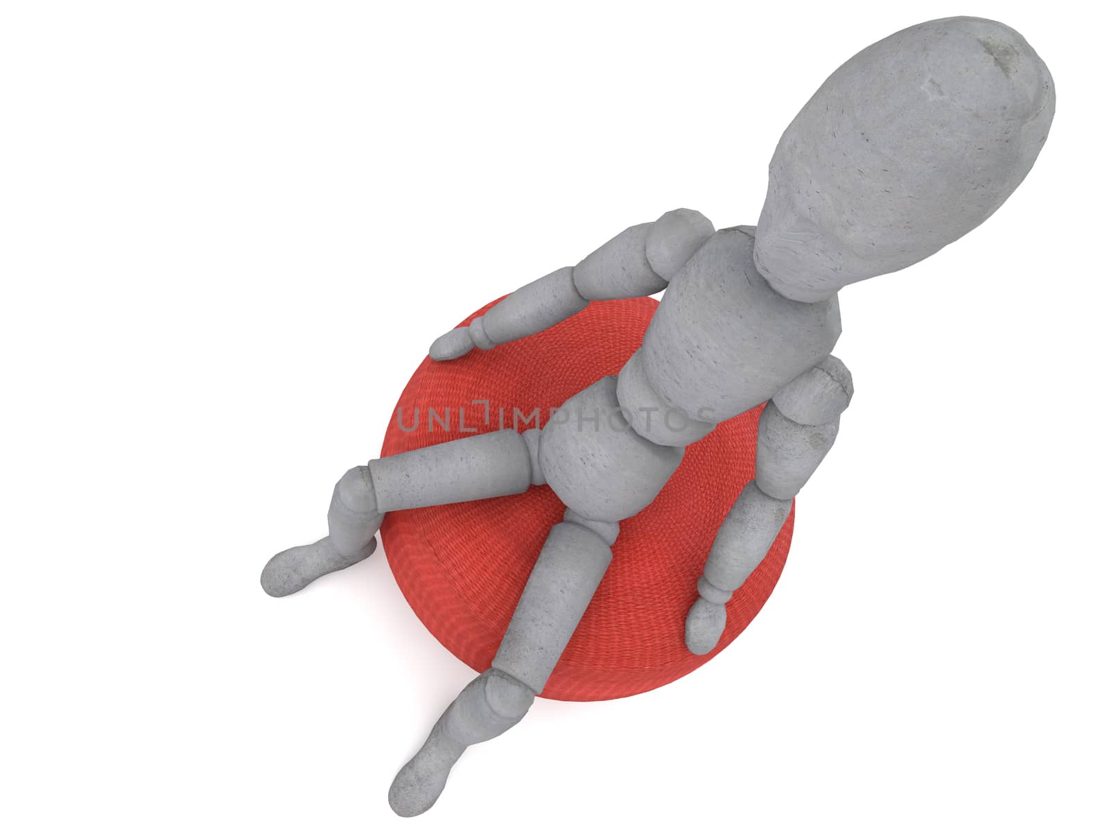 3d puppet model figure with a detached view of a slightly tilted head is sitting on a red sofa chair from different angles. great image to illustrate the problems in life or thinking