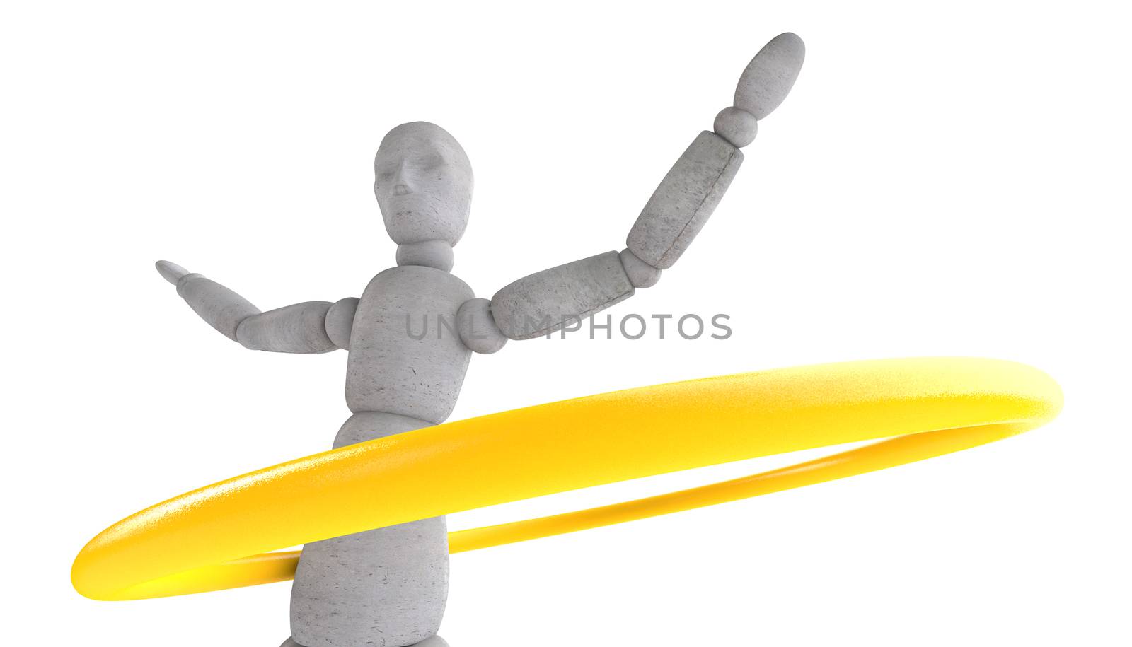 3d puppet model standing feet shoulder width apart, arms spread wide and turns yellow hoop with different camera angles and different focal lengths