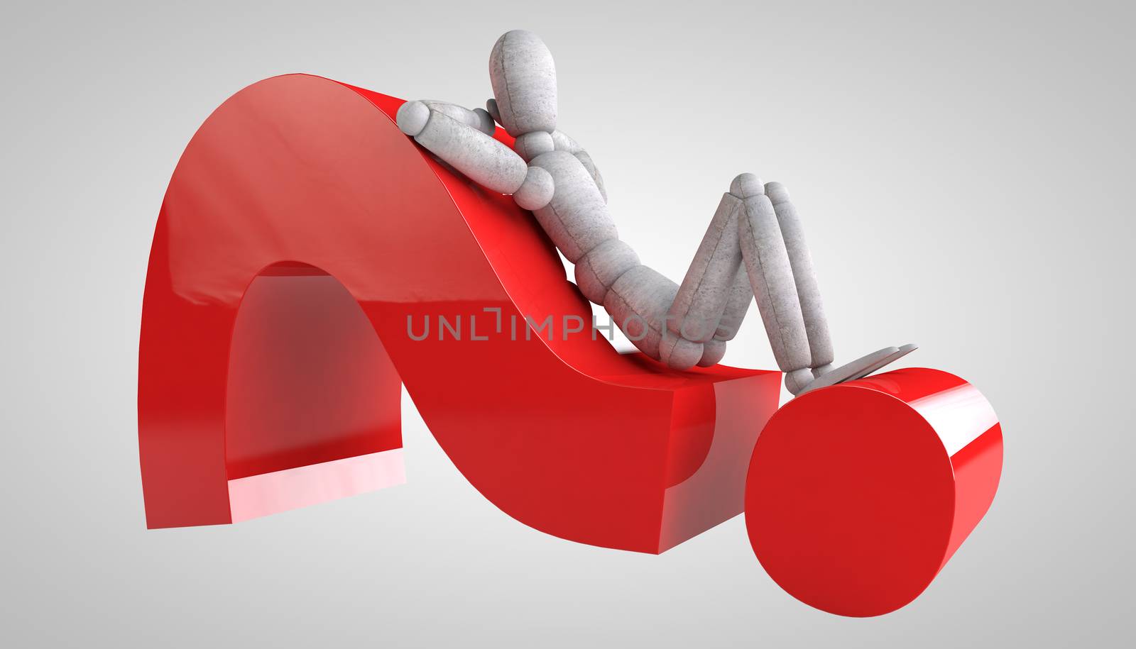 3d puppet model lying on a red question mark hands behind his head thrown back and reflect on the complex task