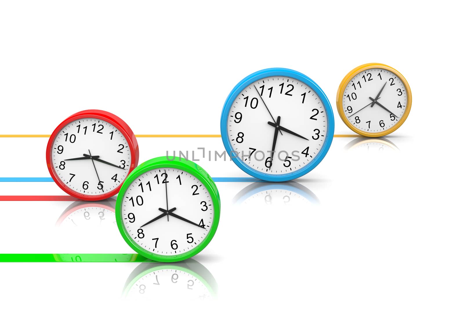 Colorful Round Clocks Rolling on White Surface, Running Time Concept 3D Illustration