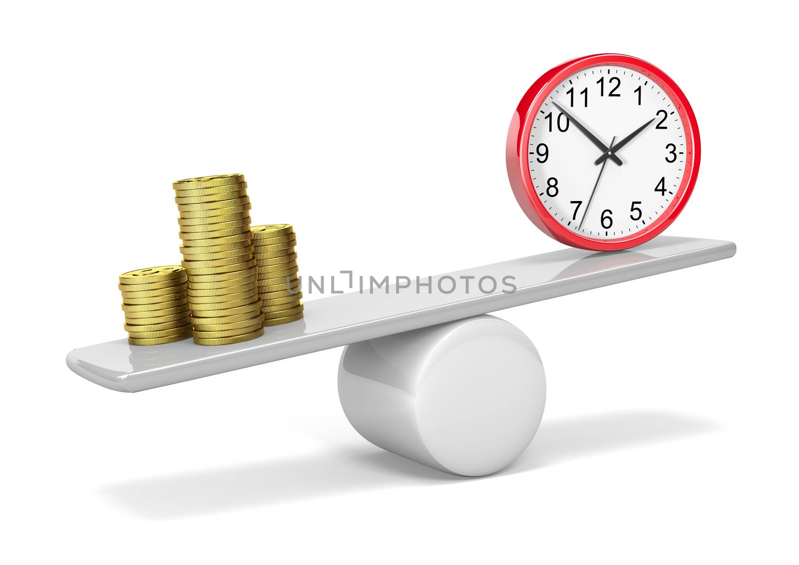 Stack of Coins and Red Clock on Balance 3D Illustration on White Background, Money Time Balance Concept