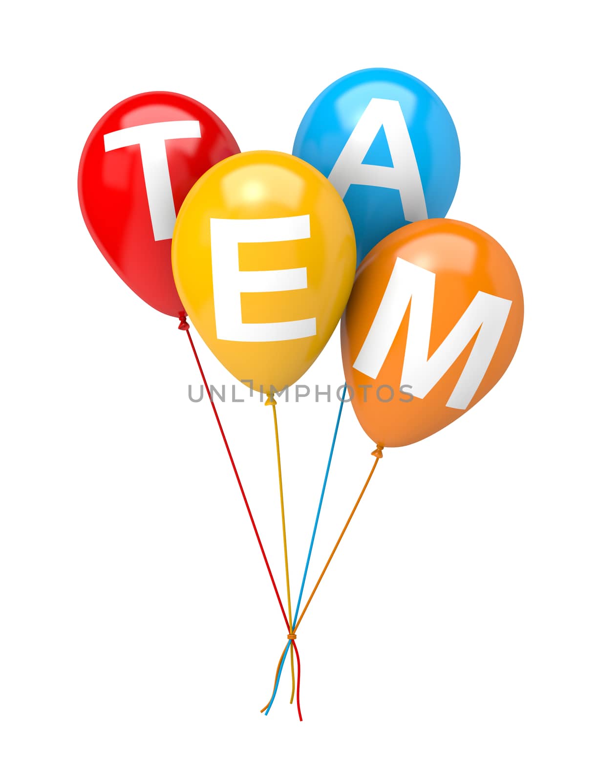 Bunch of Vibrant Color Balloons with Team Text Isolated on White Background 3D Illustration, Team Concept