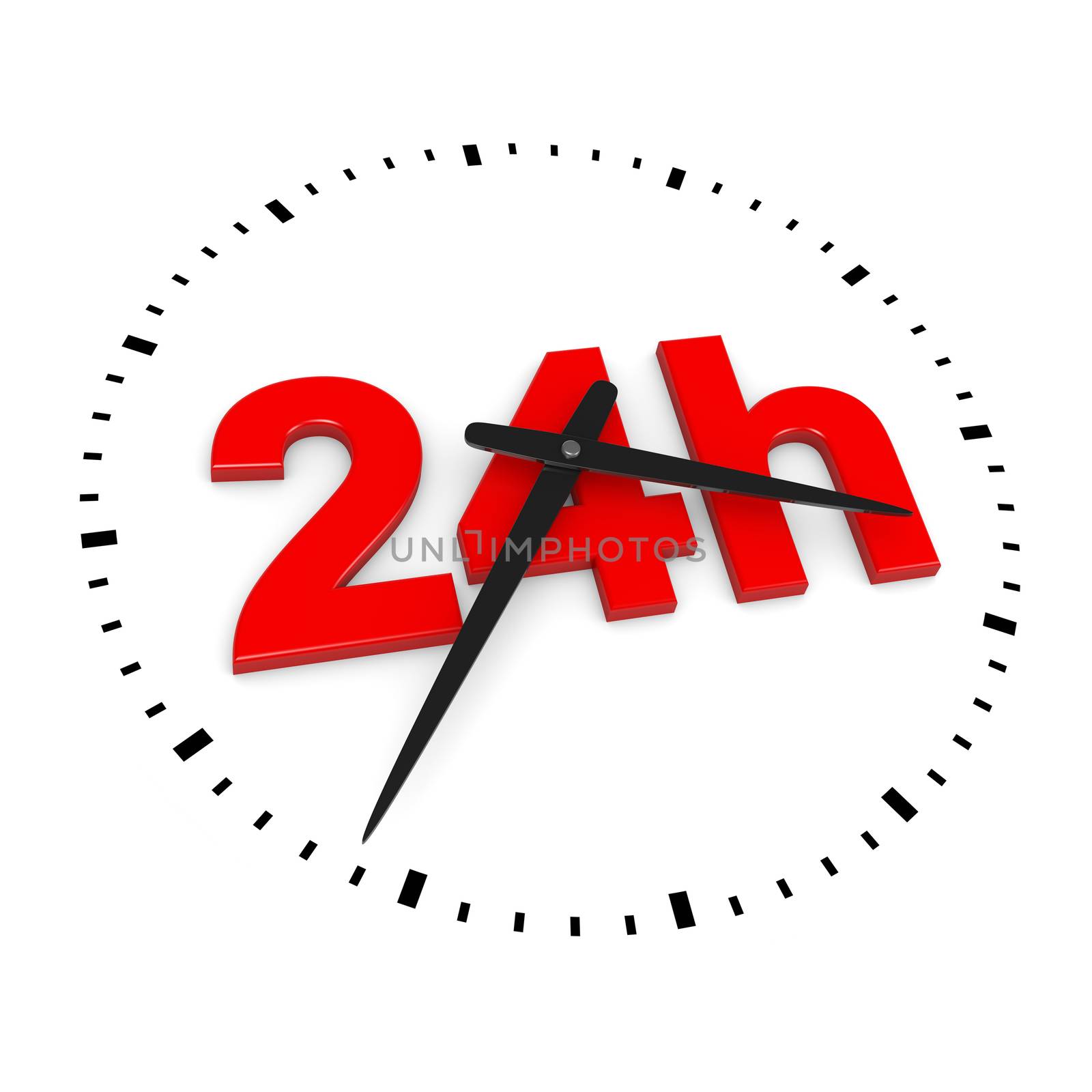 24h Service Red Text inside Round Wall Clocks on White Background 3D Illustration