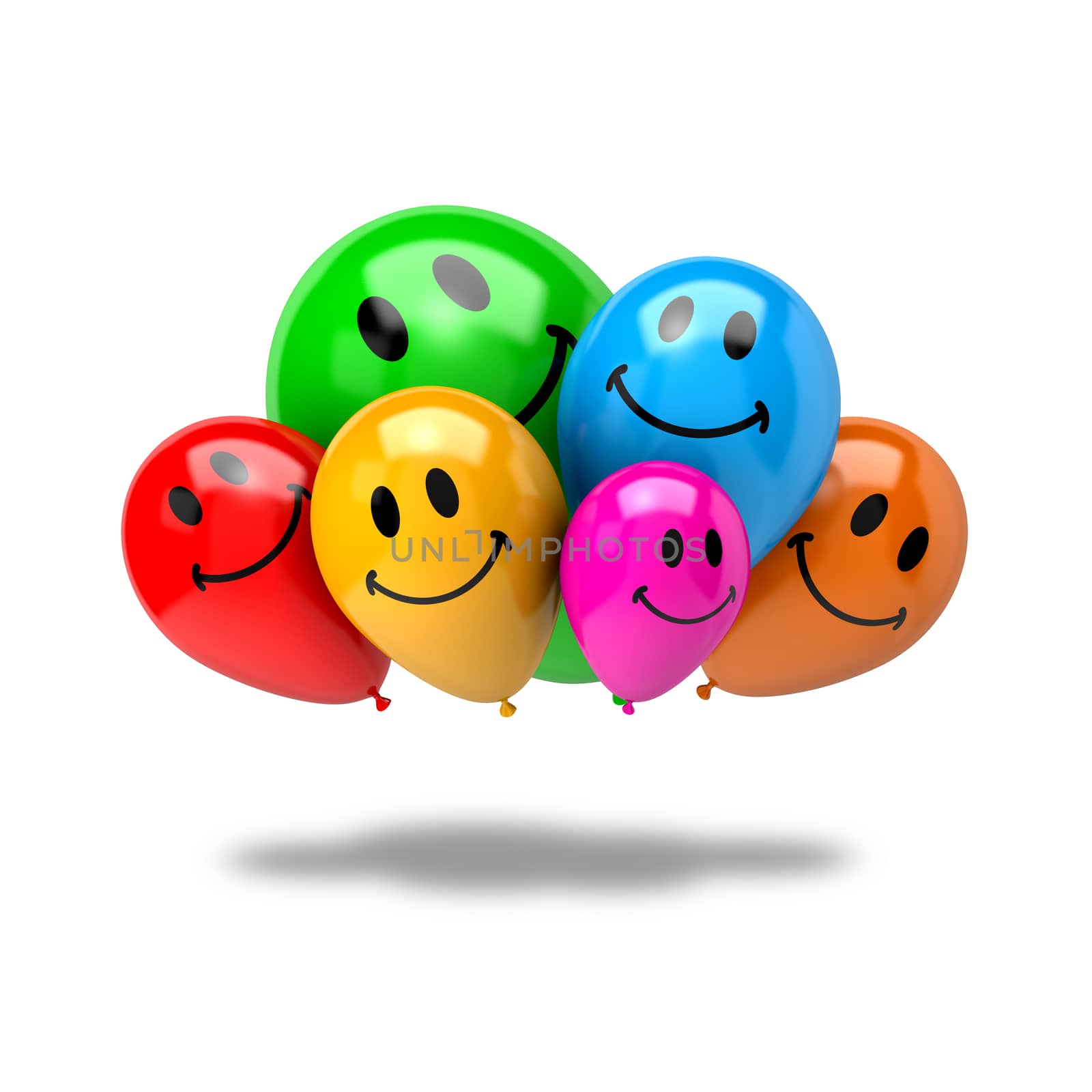 Bunch of Vibrant Color Balloons with Smiling Face Isolated on White Background 3D Illustration, Friendship Concept

