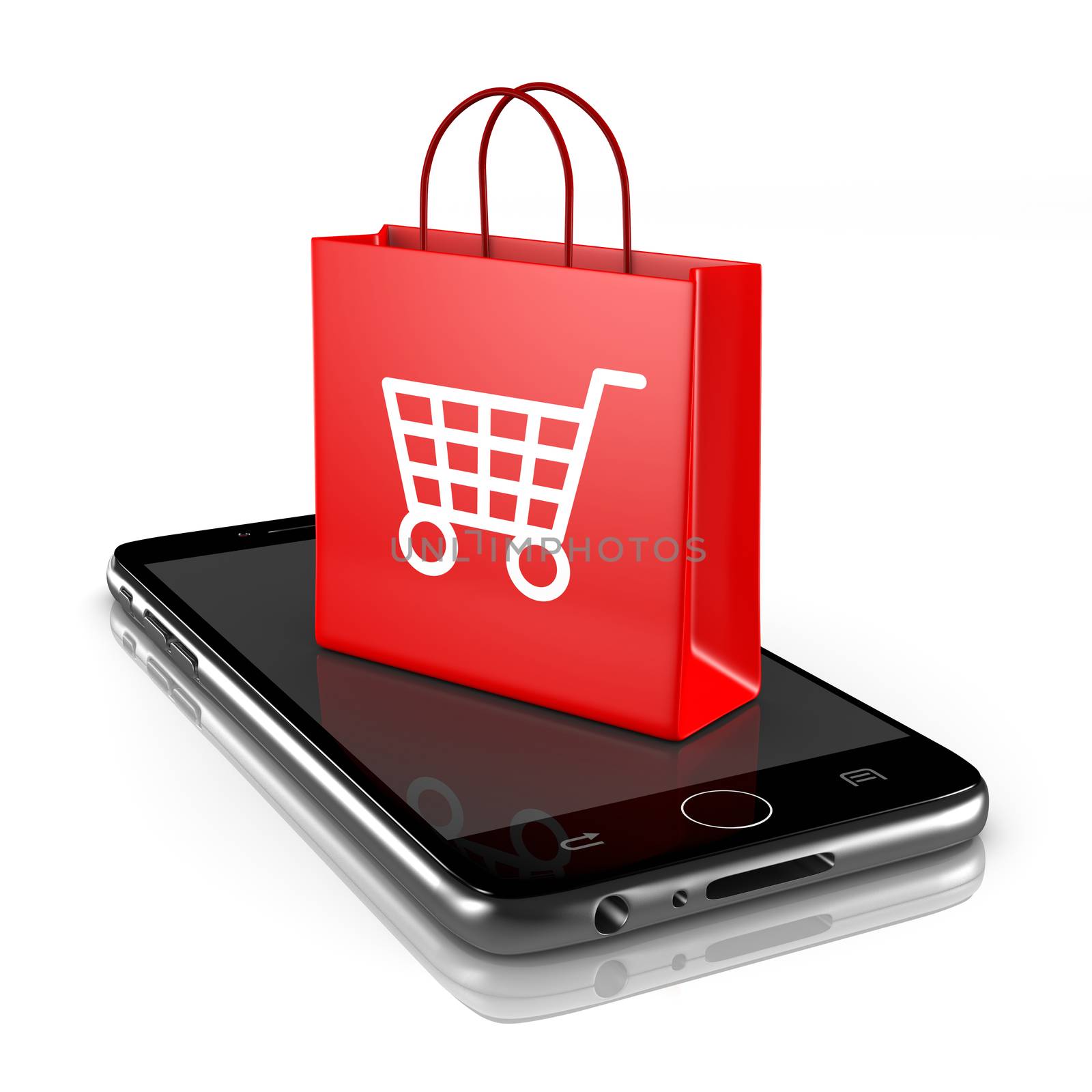 Smartphone with Red Shopping Bag with Shopping Cart Symbol on White Background 3D Illustration, Online Shopping Concept