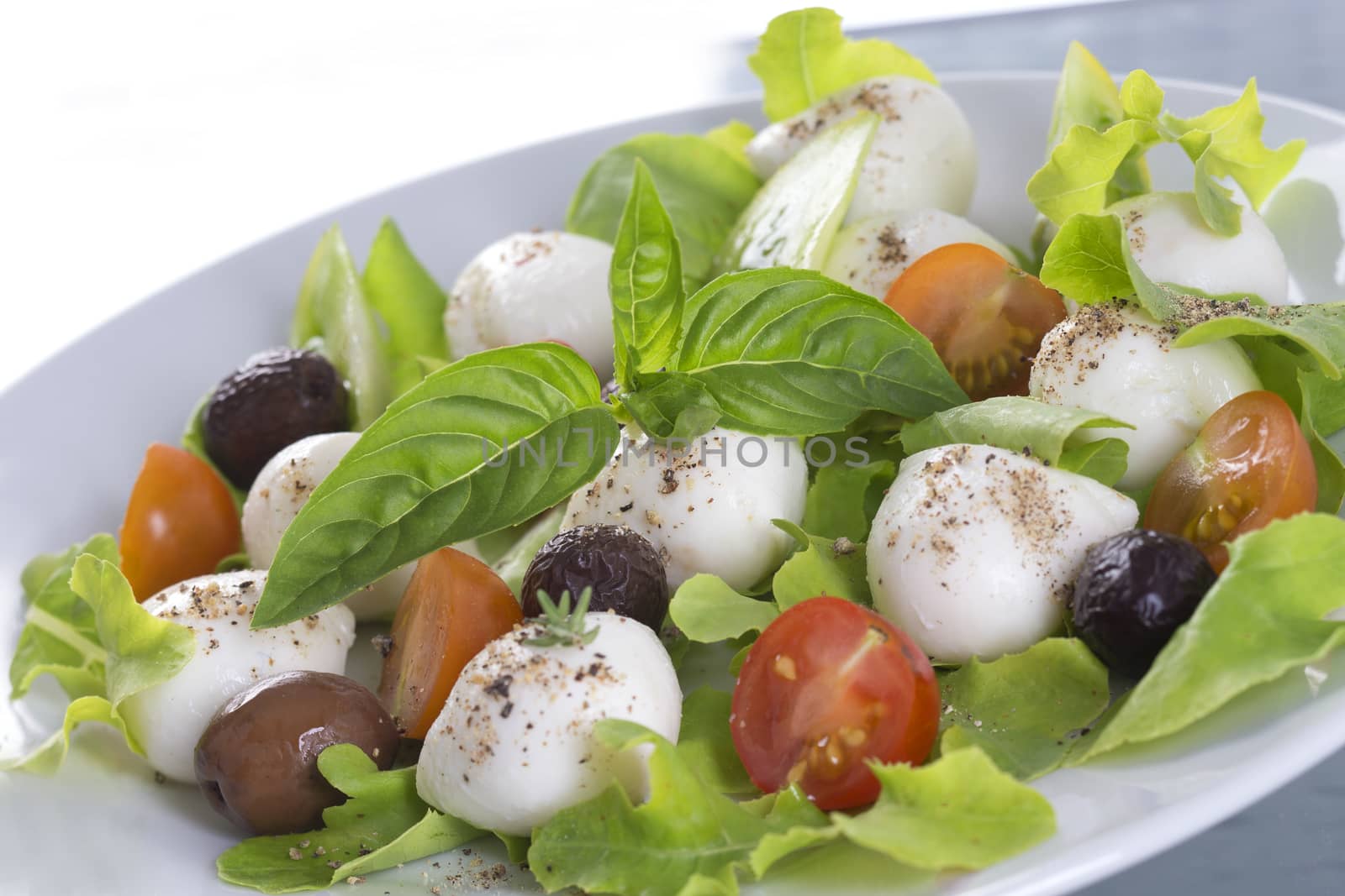 salad with mozzarella, tomatoes bloack olives and basil