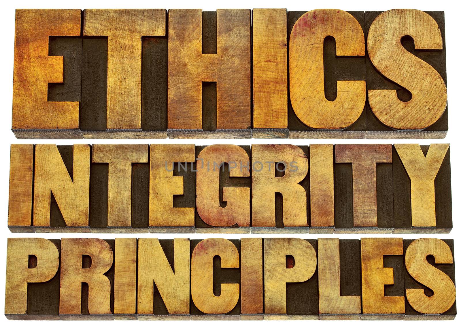 ethics, integrity and principles word abstract - isolated text in grunge letterpress wood type printing blocks