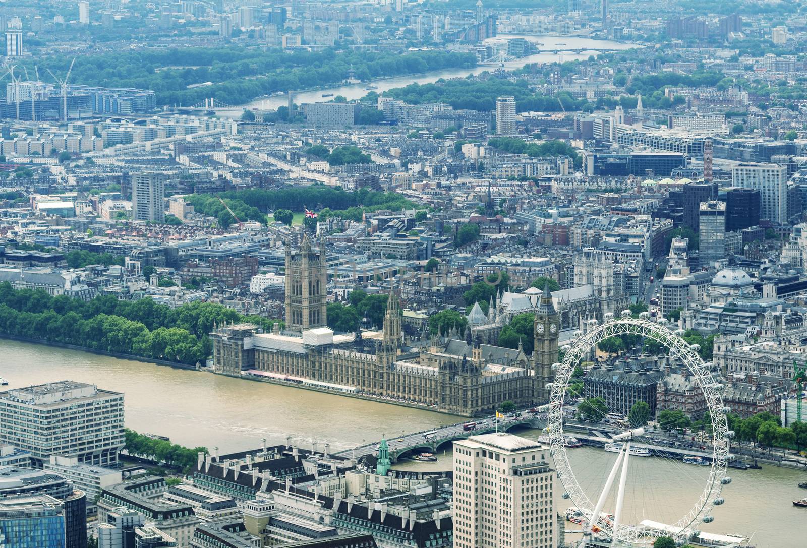 Helicopter view of Houses of Parliament and Westminster area, London - UK.