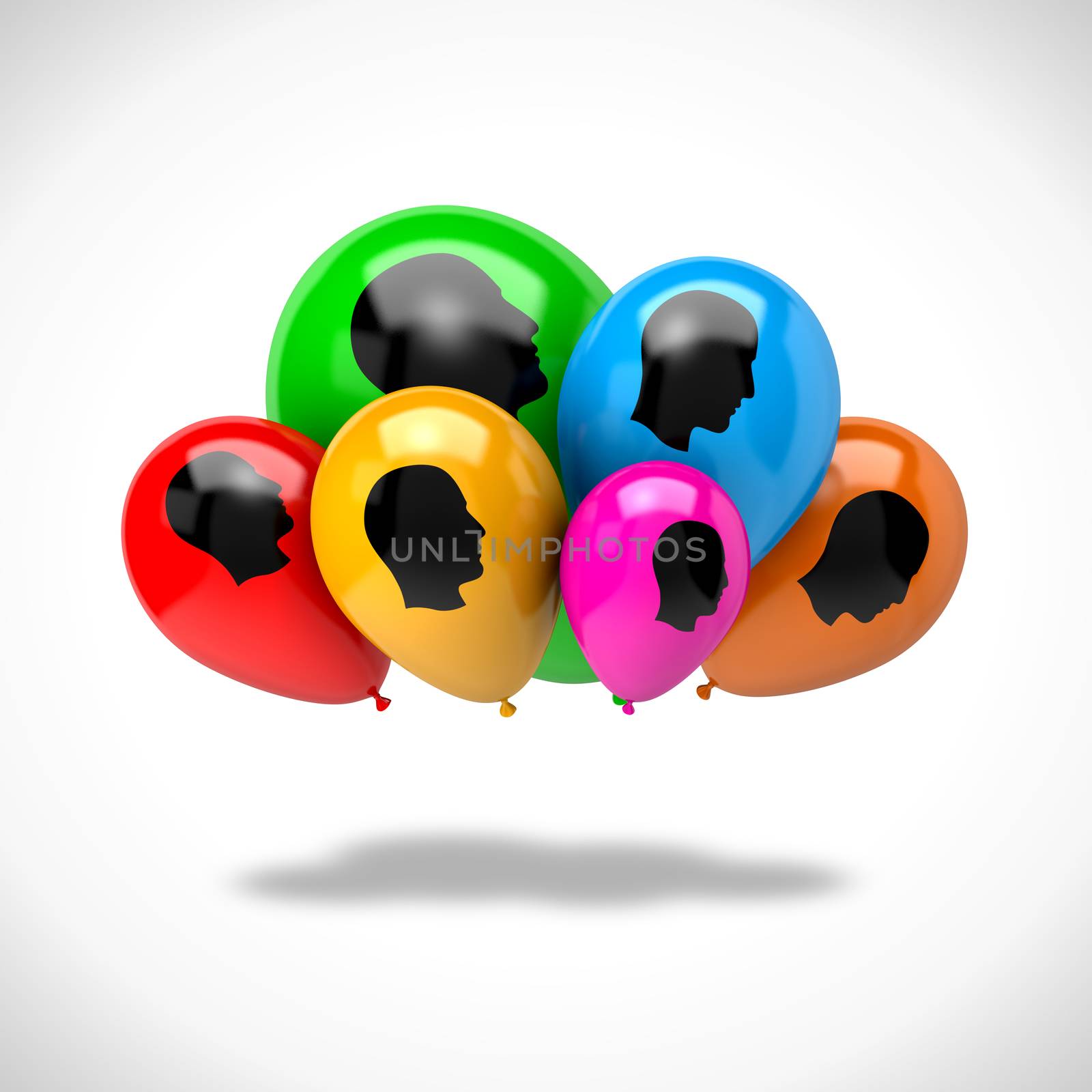 Bunch of Vibrant Color Balloons with Head Profile Symbols on White Background 3D Illustration, Cloud Computing Concept