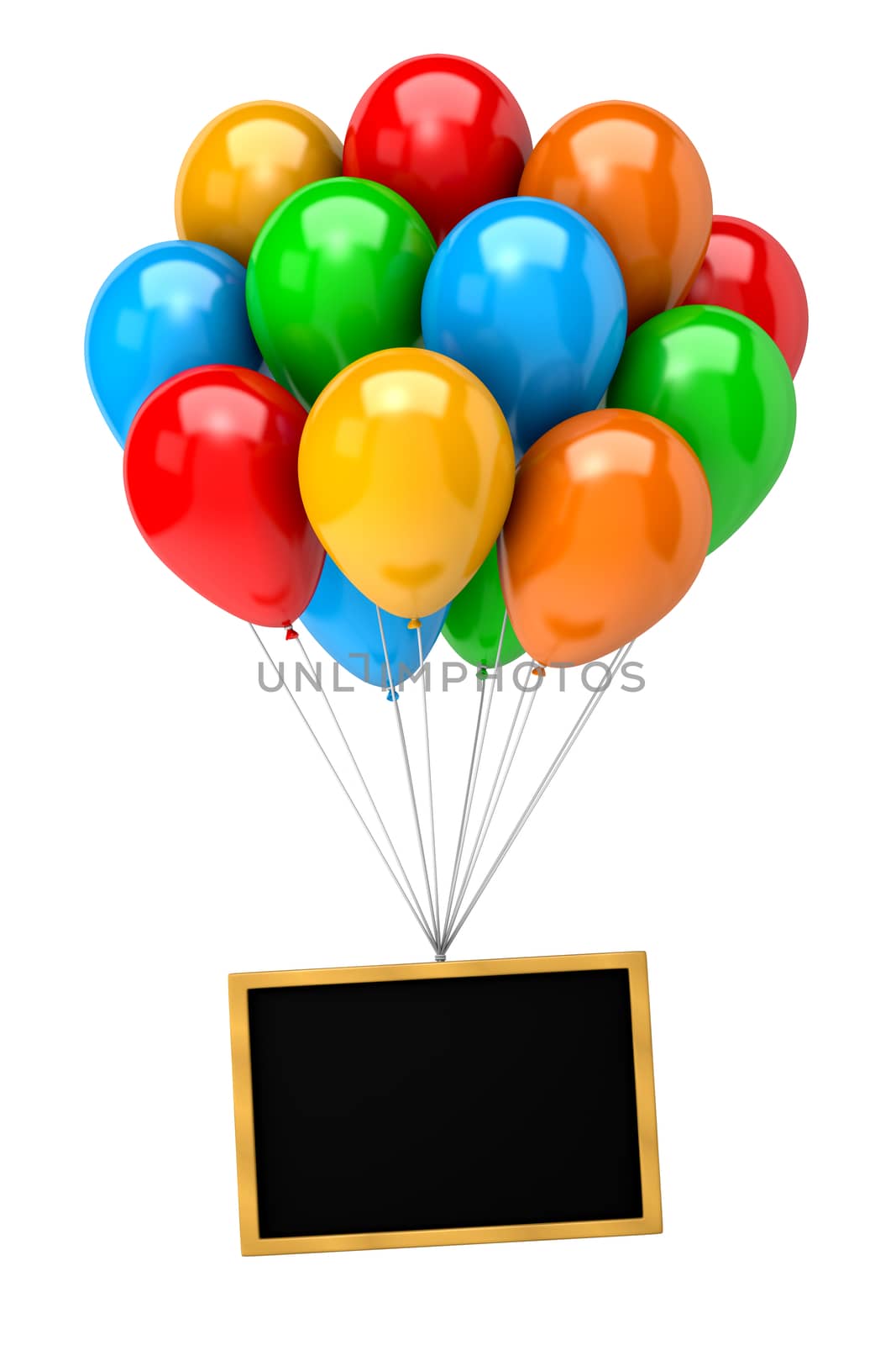 Bunch of Vibrant Color Balloons Holding Up a Blank Chalkboard on White Background 3D Illustration