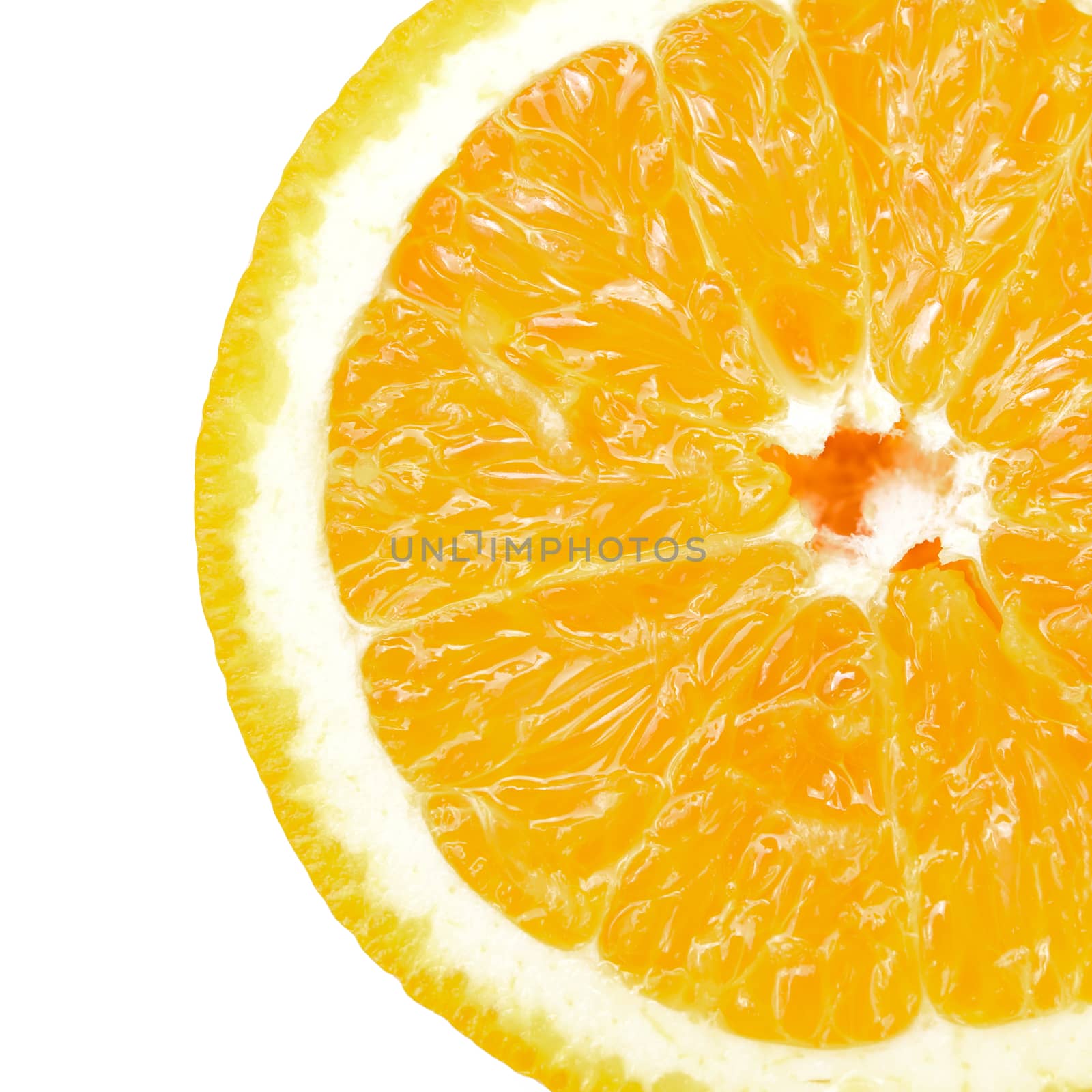 Slice of orange fruit on white background.