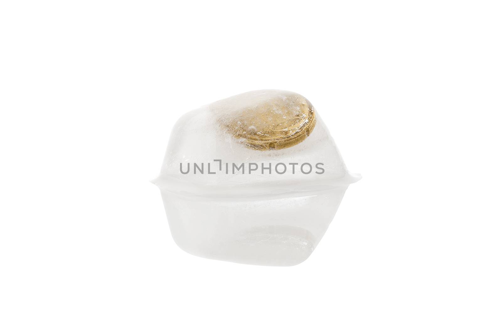 Euro money frozen in ice cubes isolated on white background. Frozen account, melting economy and transparent money flow. 