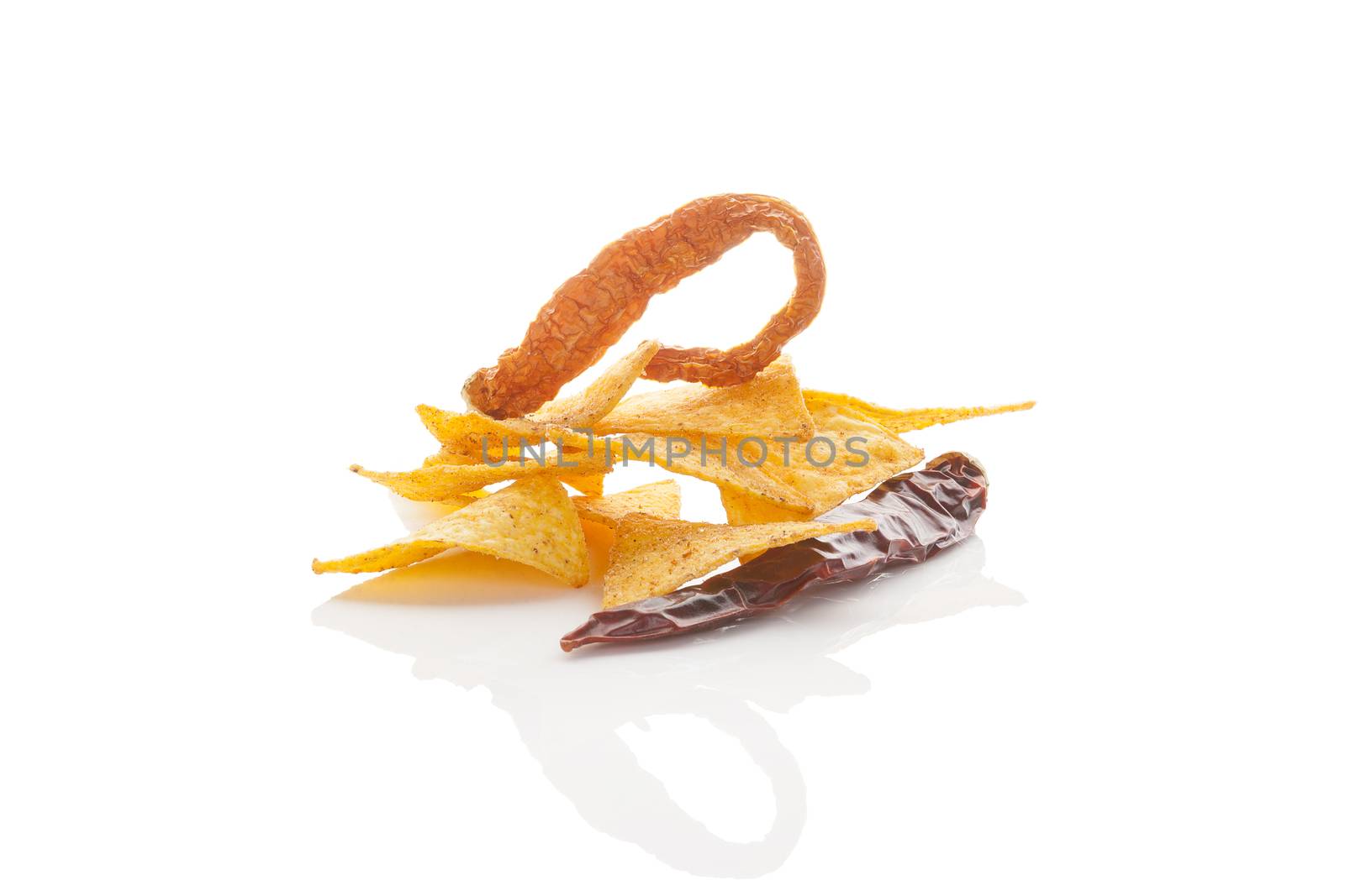 Nachos and jalapeno pepper isolated on white background. Traditional mexican eating. 