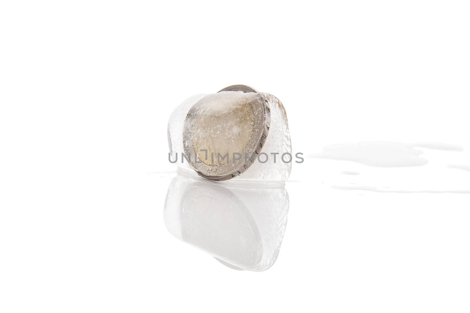 Euro money frozen in ice cubes isolated on white background. Frozen account, melting economy and transparent money flow. 