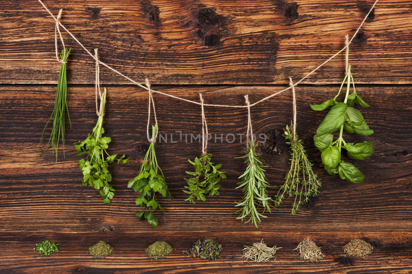 Culinary herbs. Aromatic herbs, basil, coriander, parsley, chive, mint and rosemary hanging on string on old country style wooden background. 