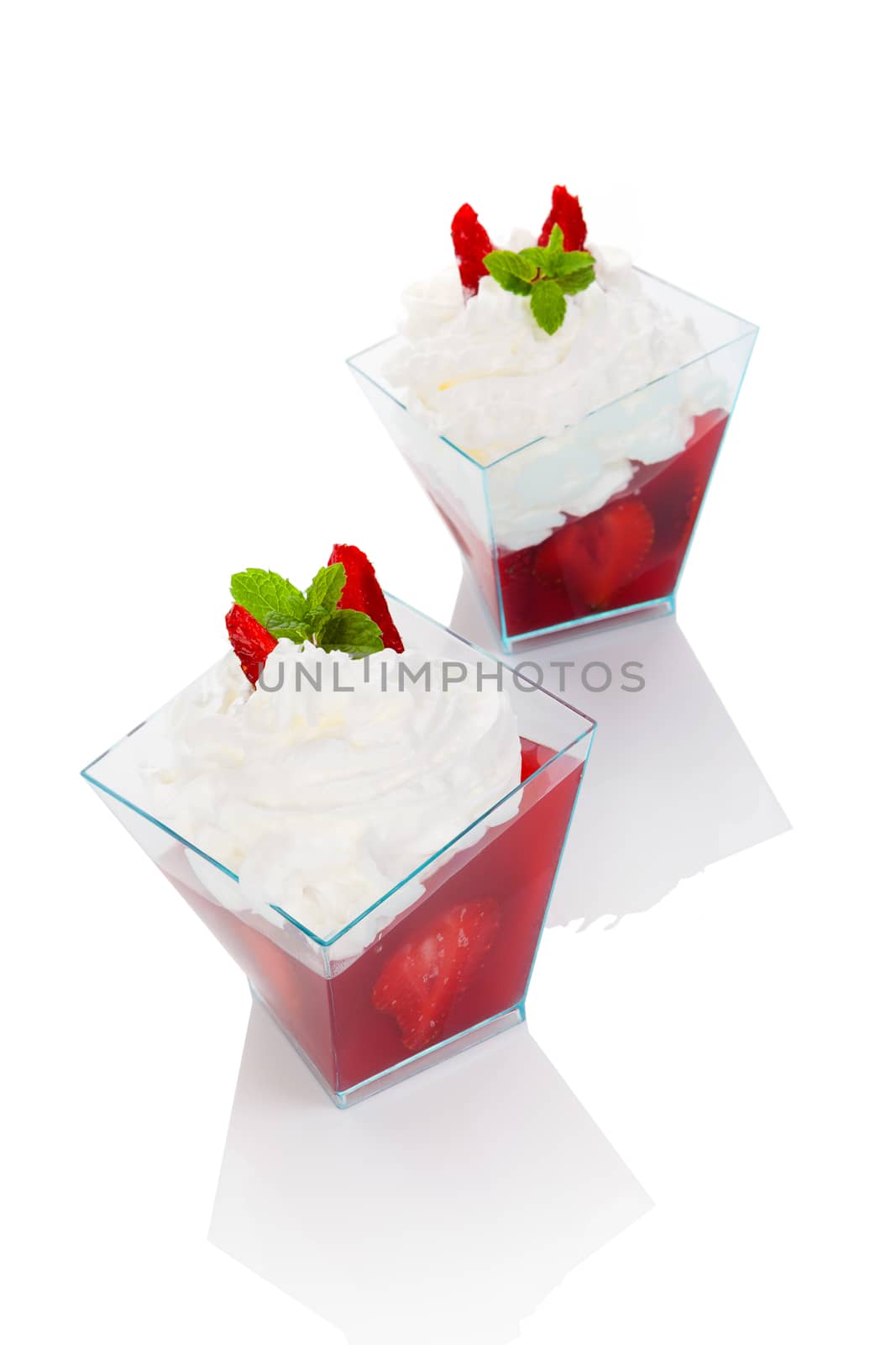 Delicious strawberry jelly dessert isolated on white background. 