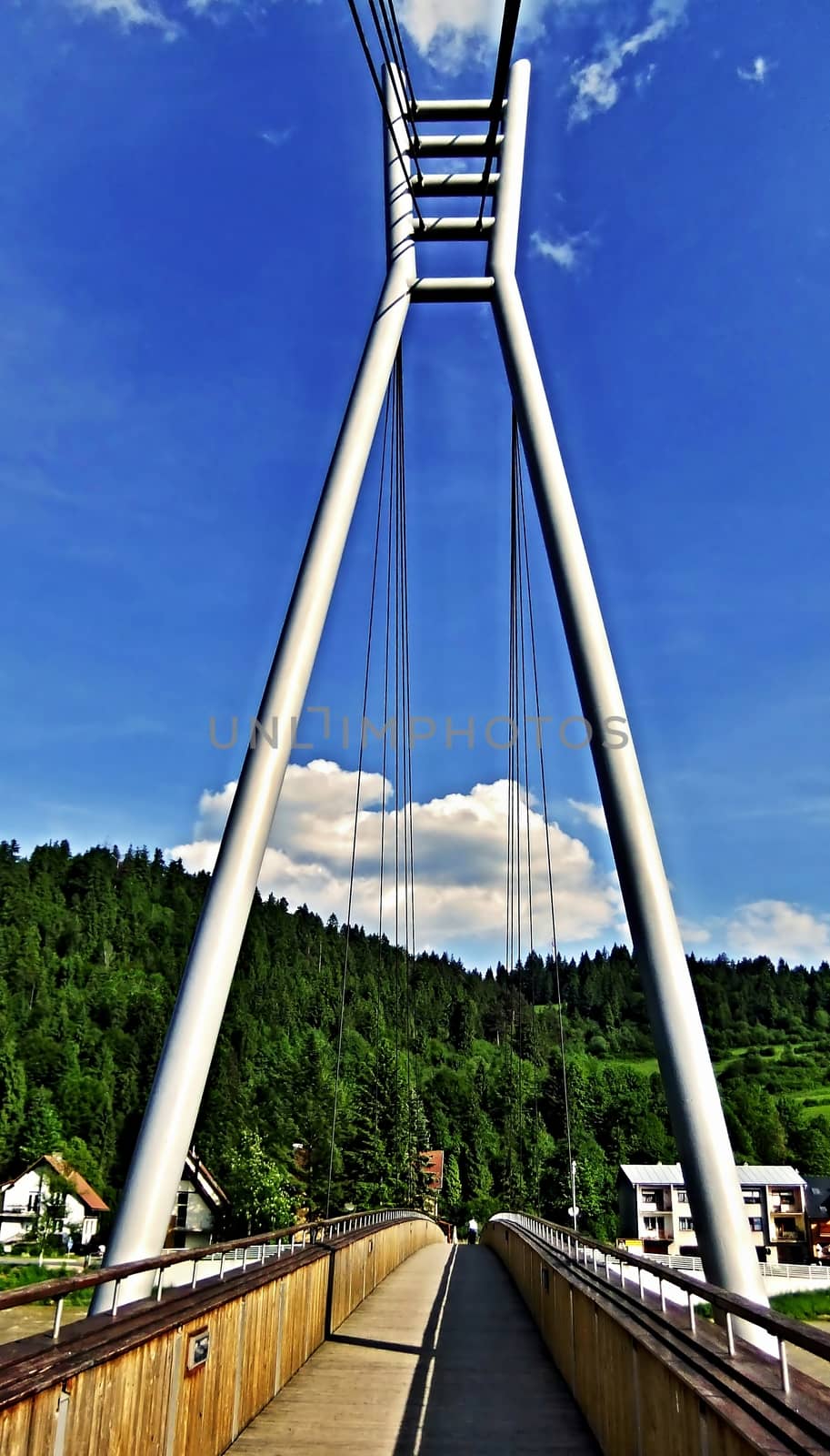 Wooden bridge on Dunajec river between Poland and Slovakia