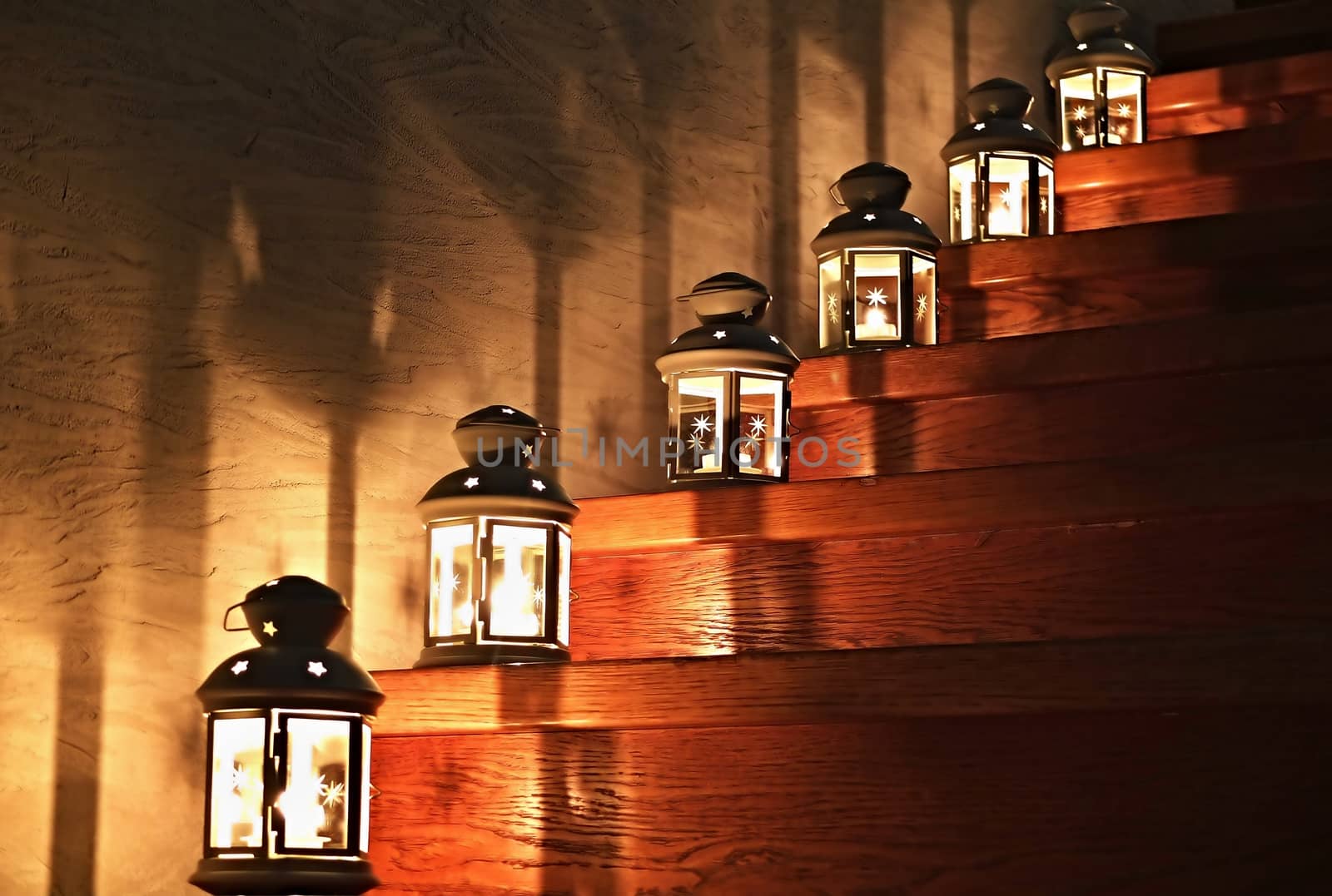 Lanterns on a Staircase with stars on the wall
