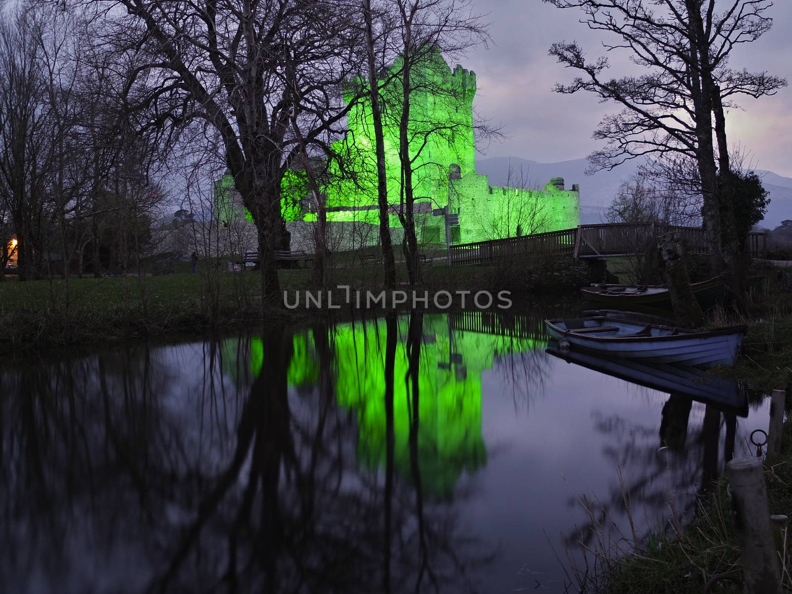 Ross Castle in Killarney National Park, Ireland. Evening view during Patrick day.