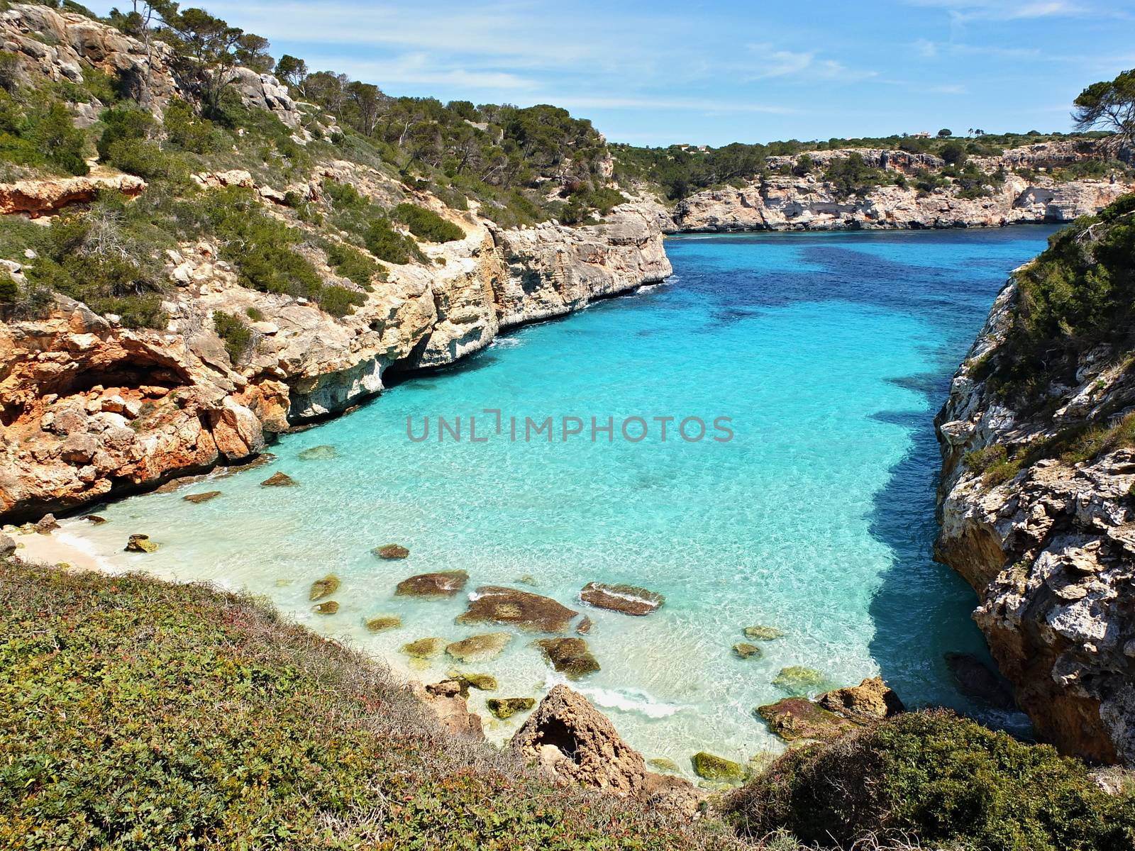 Cala des Moro beach bay azure sea water, at Majorca in Spain