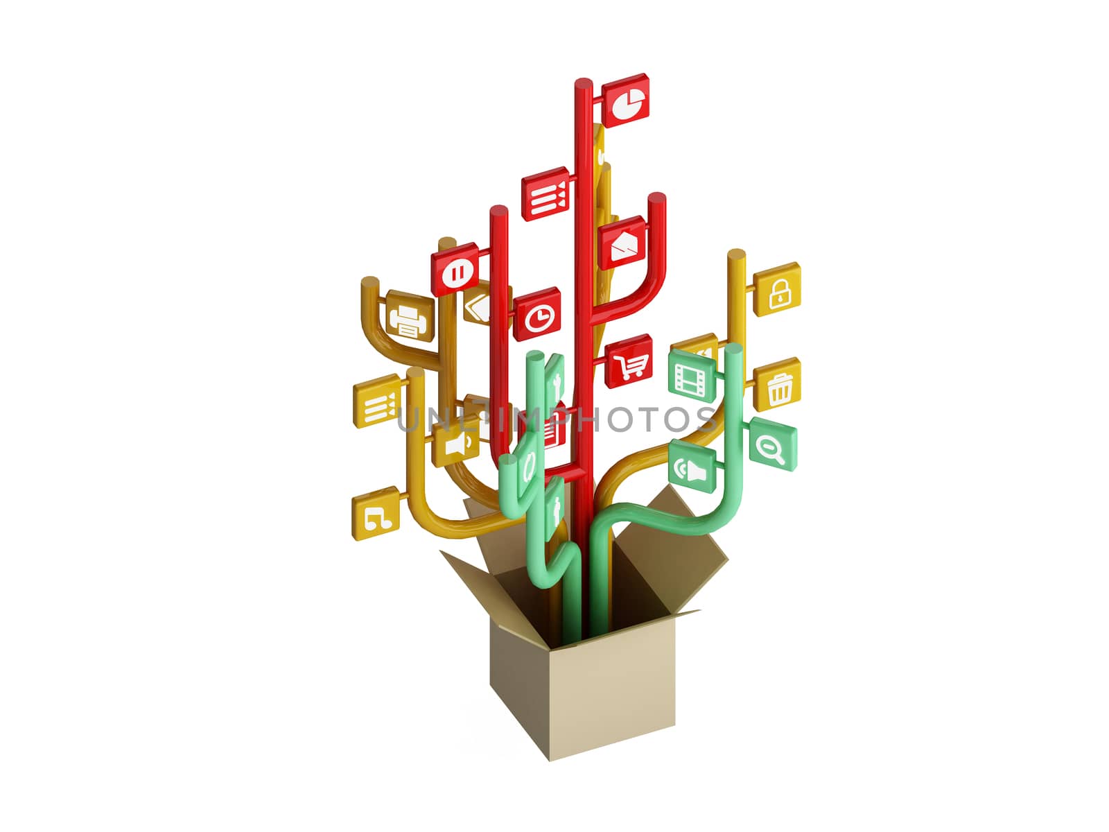 the tree consisting of the icons on the topic of social media. Out of the Box