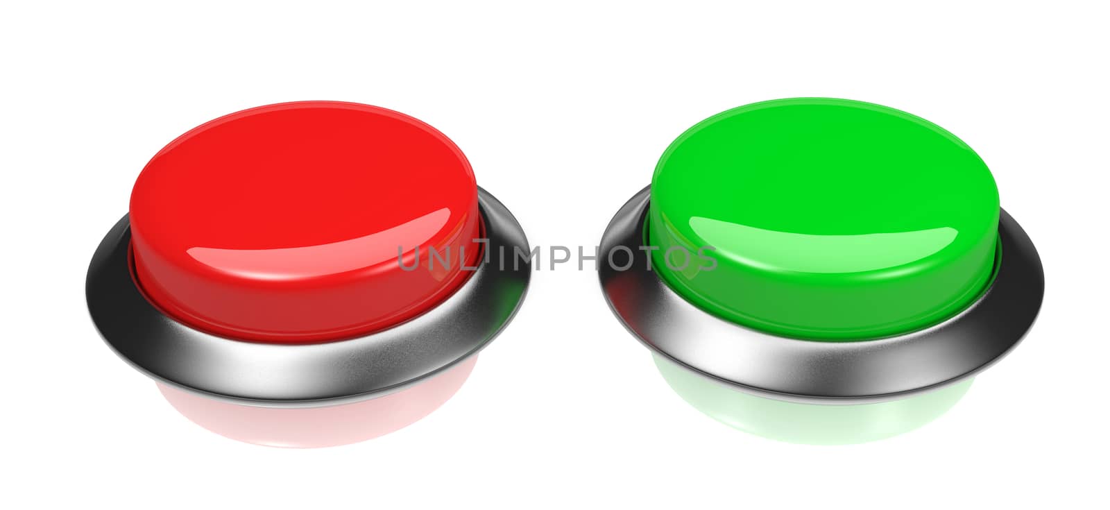 Two Red and Green Glossy Buttons on White Background 3D Illustration