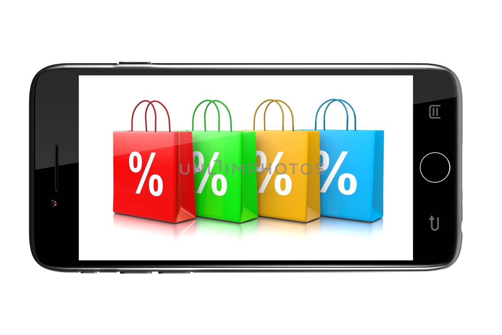 Smartphone Showing Colorful Shopping Bags Collection with Percent Symbol Isolated on White Background Illustration, Online Discount Concept