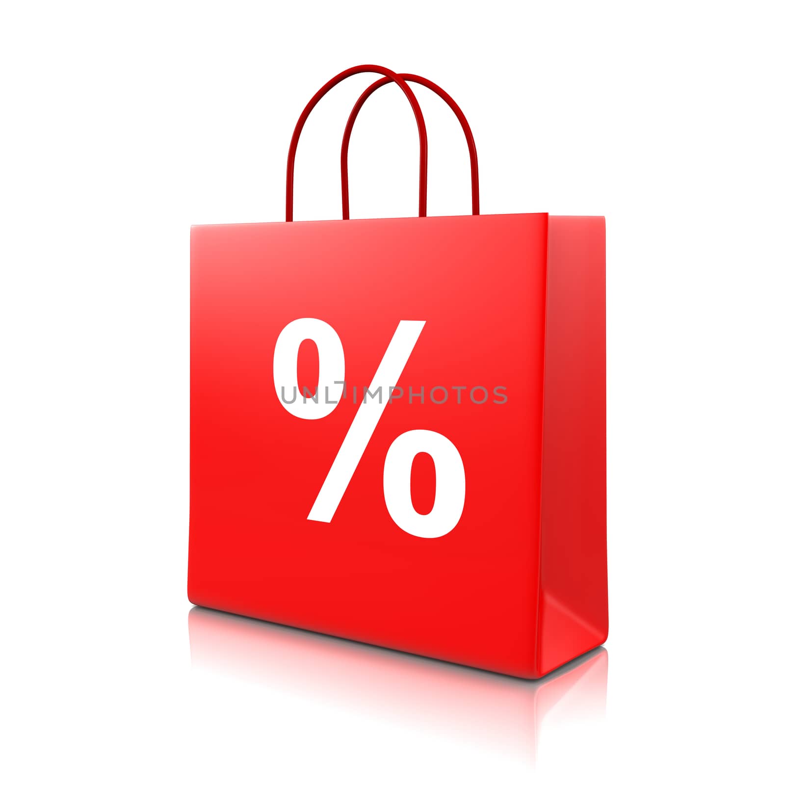 Red Shopping Bag with Percent Sign Isolated on White Background 3D Illustration, Sale Concept